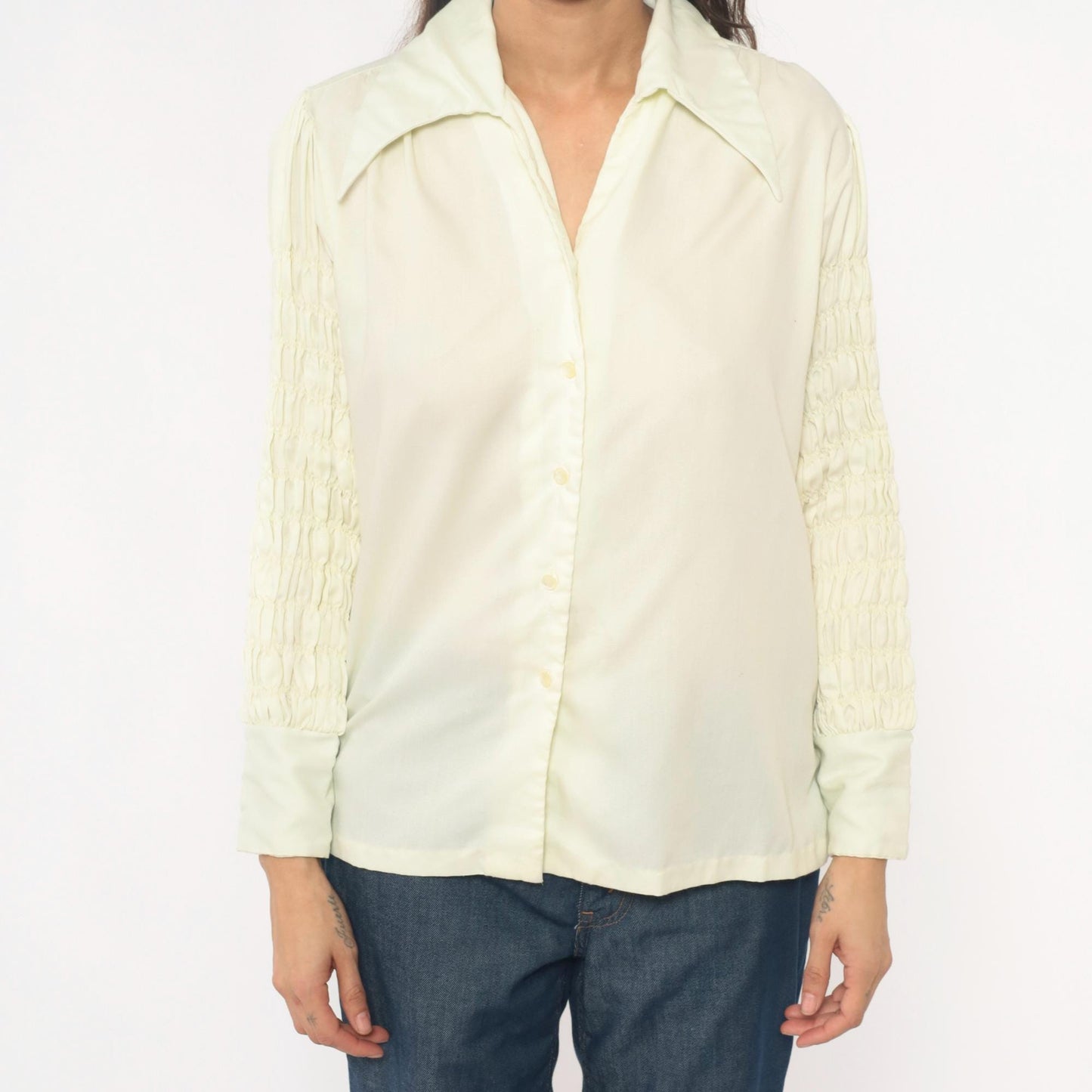 70s Ship n Shore Pale Yellow Button-Up Blouse Smocked Sleeve Collared Large