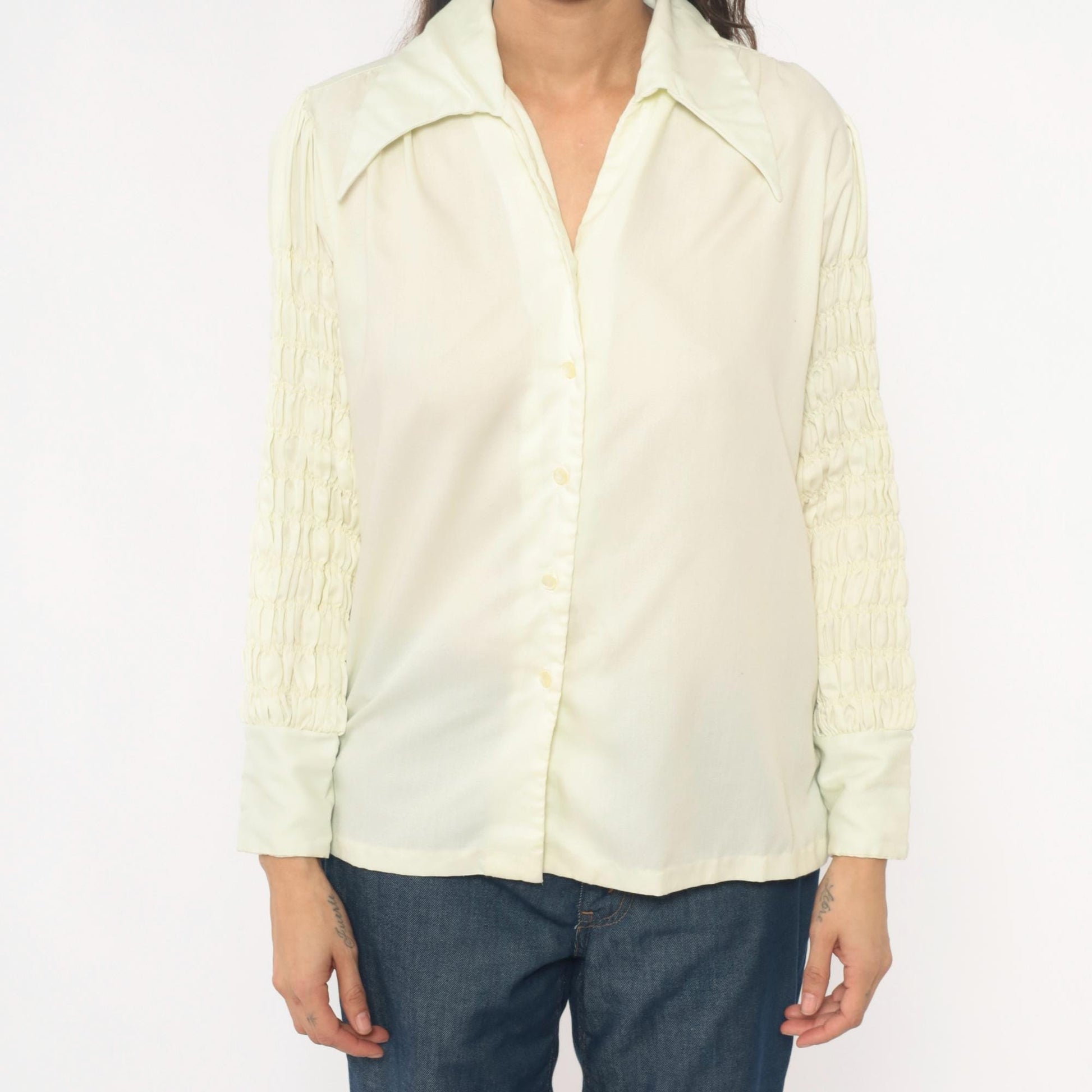 70s Ship n Shore Pale Yellow Button-Up Blouse Smocked Sleeve Collared Large
