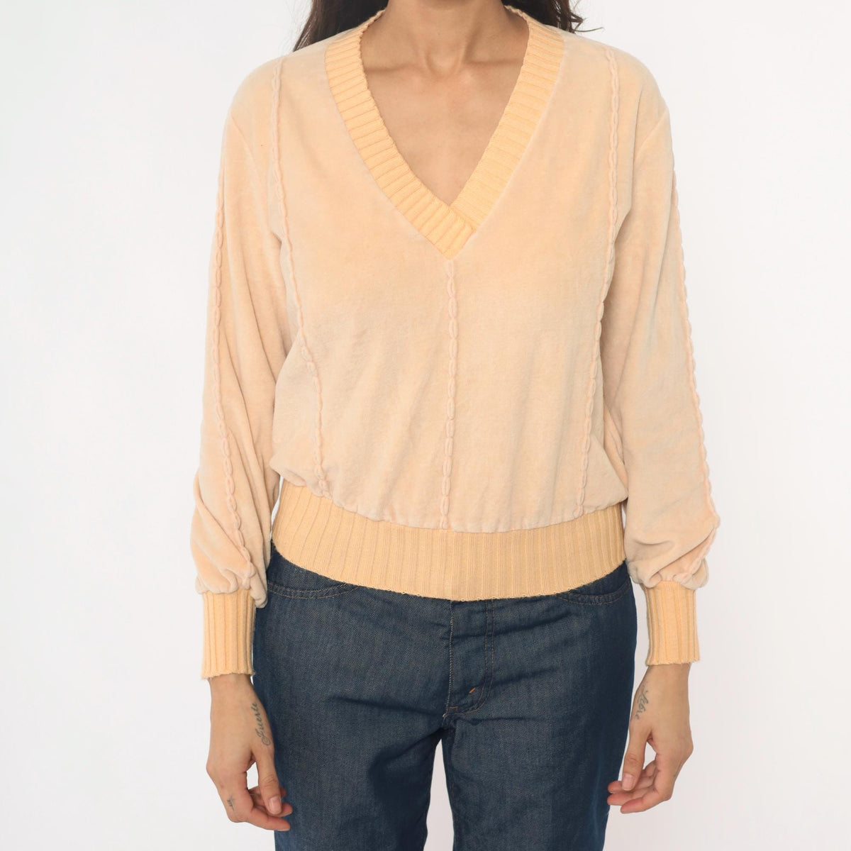 80s Comosport Velour Pullover Cream V-Neck Ribbed Knit Small