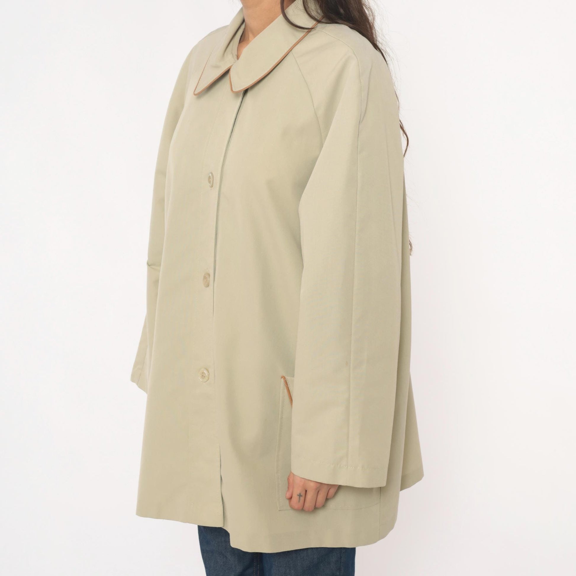 80s Beige Button Front Coat Peter Pan Collar Brown Trim Medium