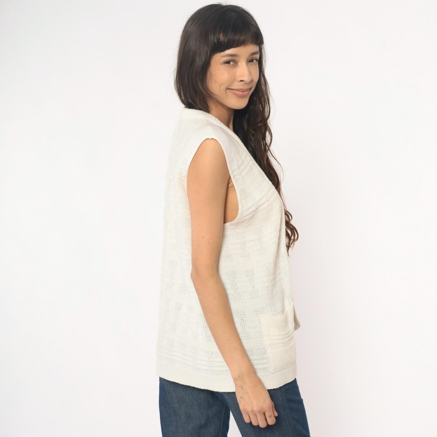 70s Cream Knit Vest Open Front Sleeveless Tank Top Small Medium