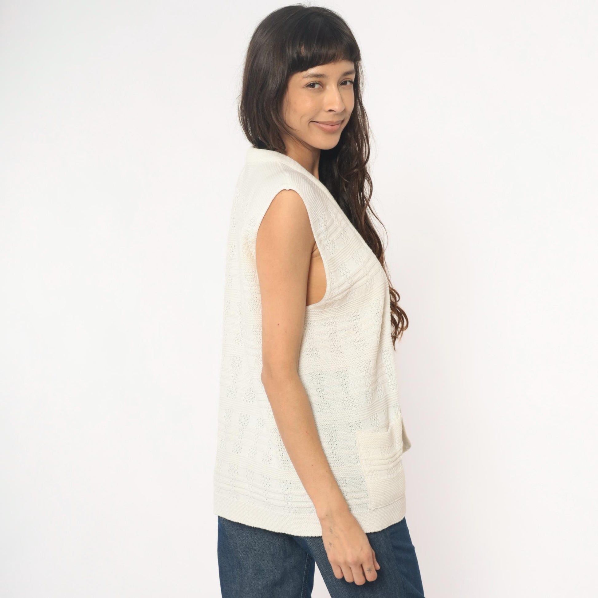 70s Cream Knit Vest Open Front Sleeveless Tank Top Small Medium