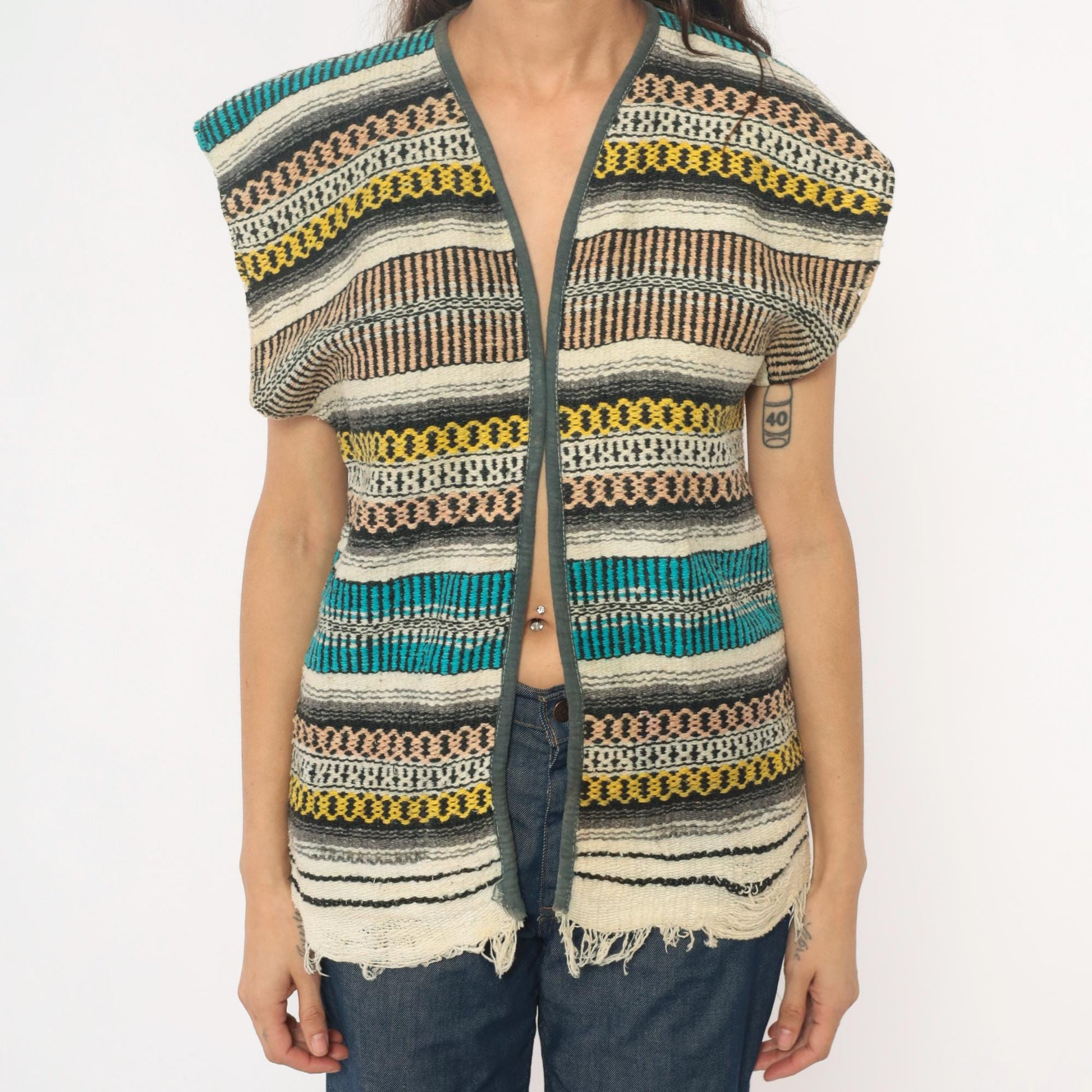70s Mexican Serape Woven Vest Multicolor Striped Southwest Cap Sleeve Small