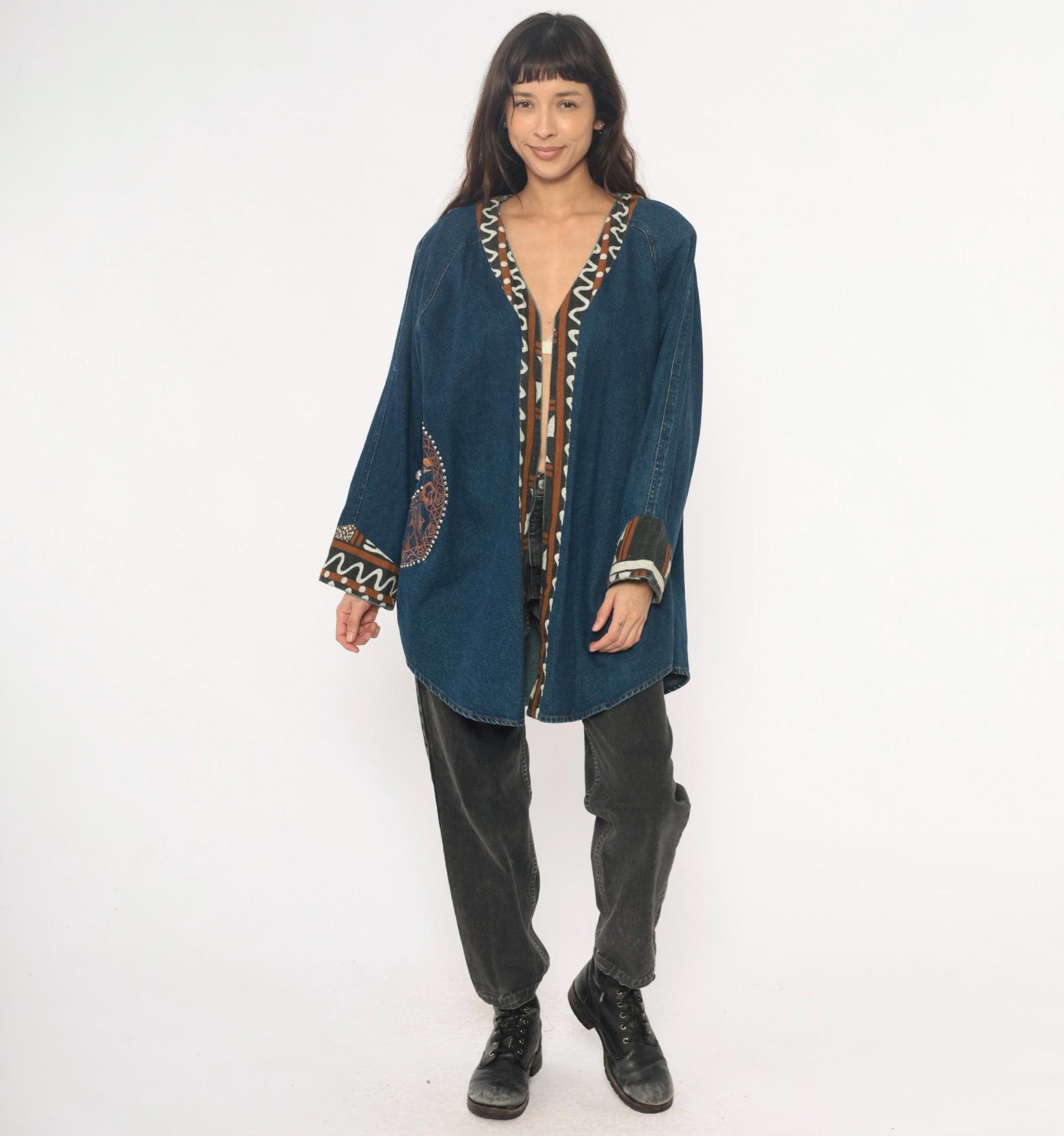 90s Southwestern Denim Jacket Tribal Embroidered Studs Blue Medium