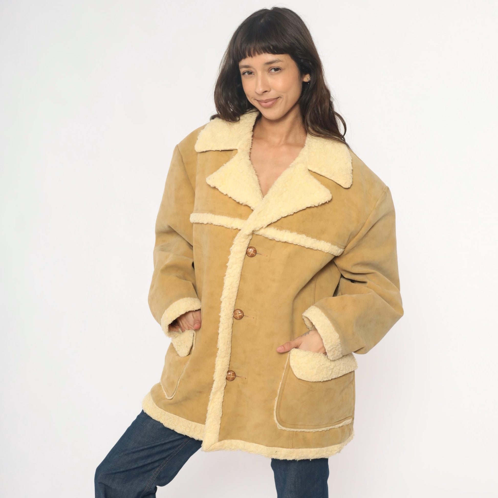 70s Wiman Tan Faux Suede Jacket Sherpa Collar Wide Notch Large