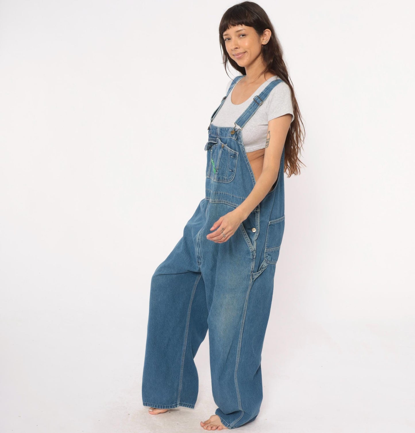 90s Key Denim Overalls Medium Blue Wide Leg Bib Dungarees Utility Pockets