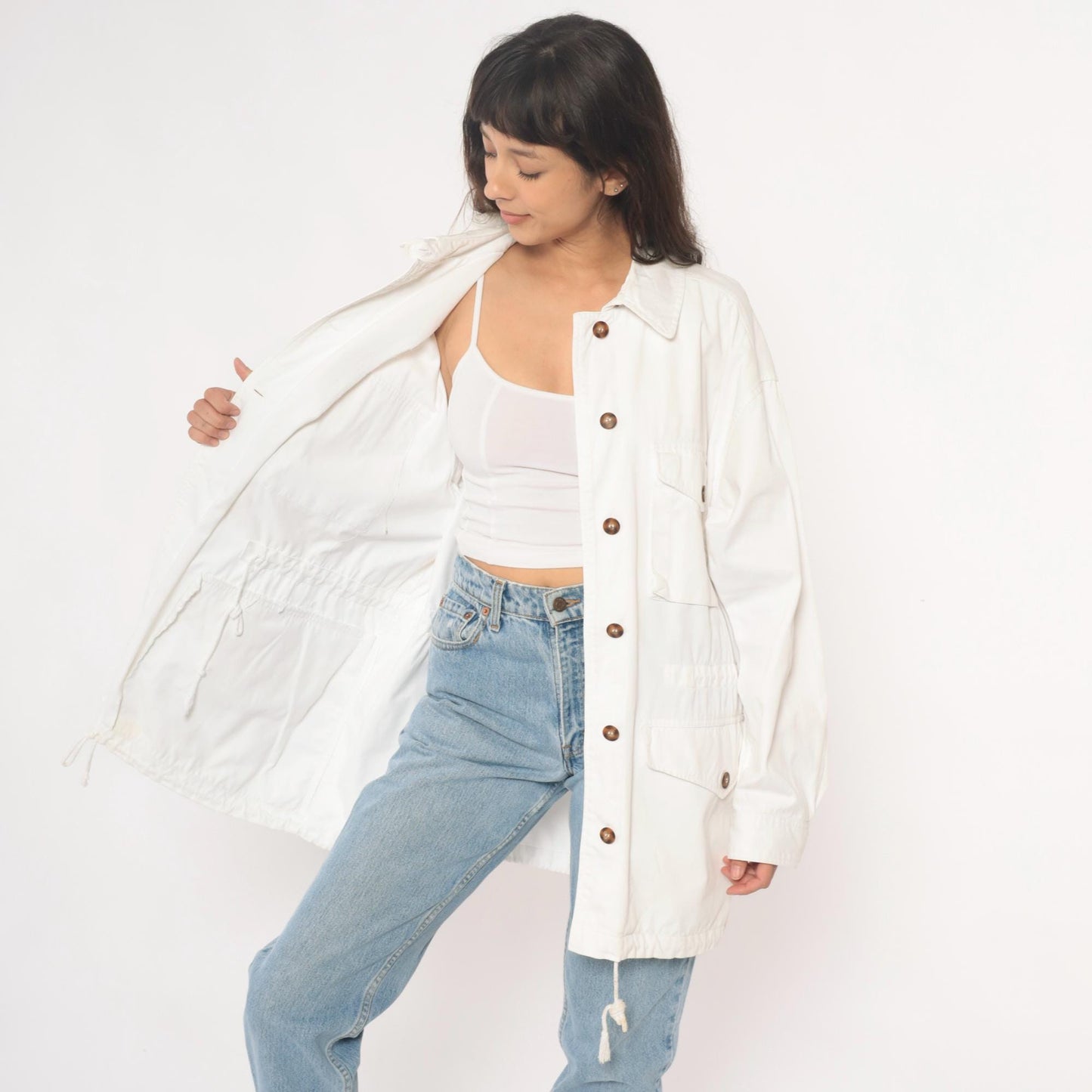 90s Adrienne Vittadini Cotton Utility Jacket Cream Pointed Collar Medium M