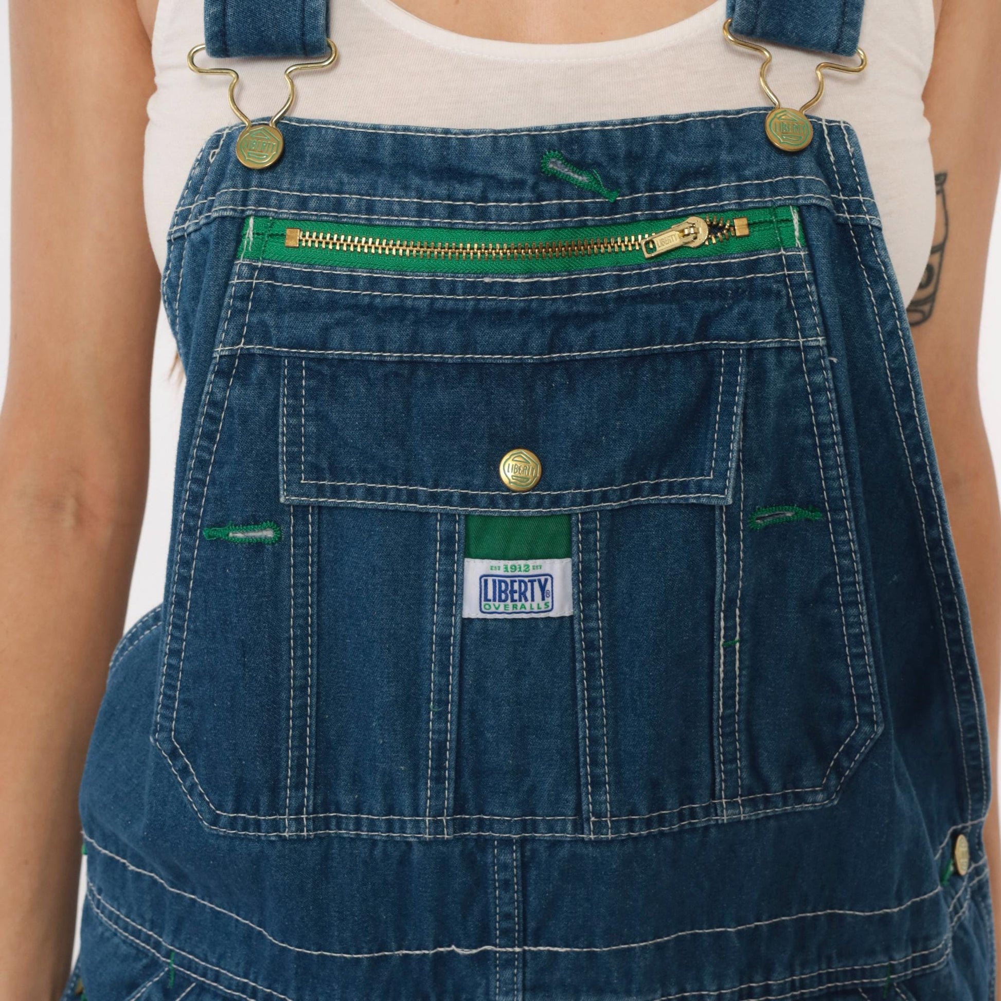Y2K Liberty Medium Blue Denim Overalls Green Trim Zippered Bib Extra Large