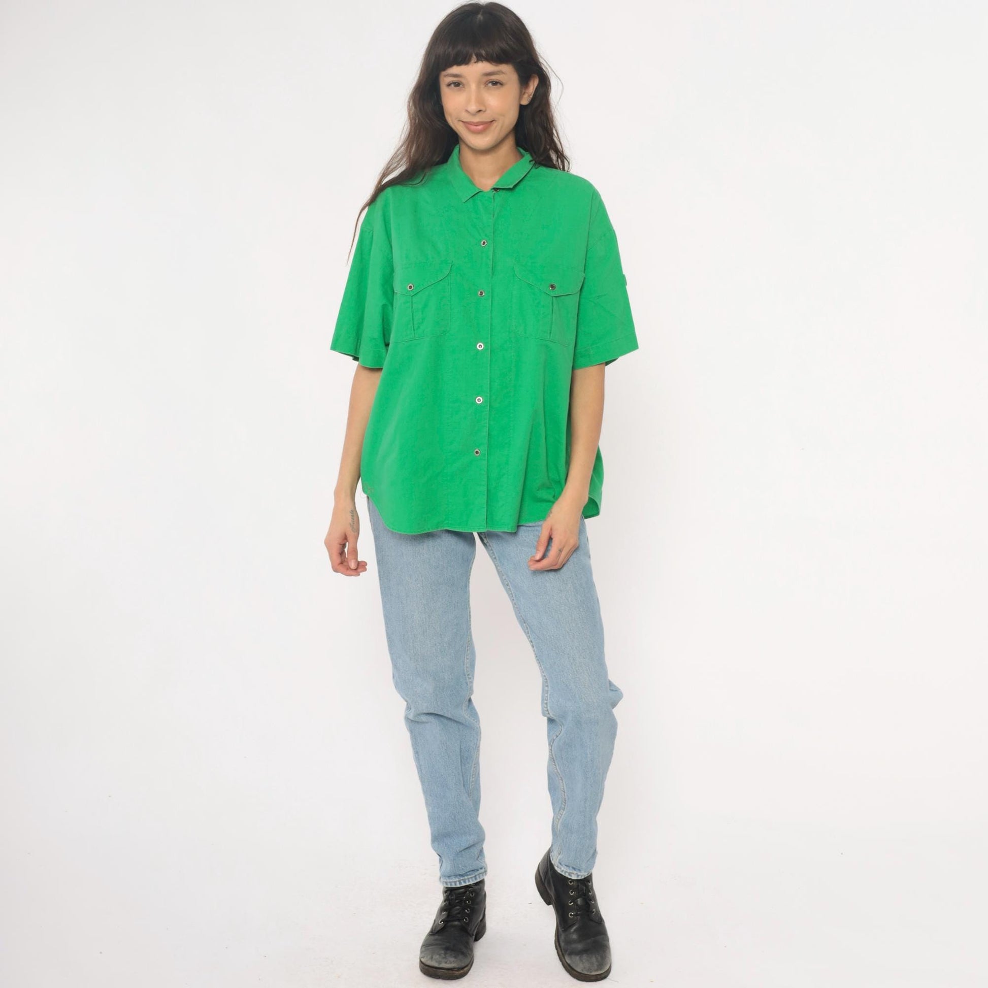 90s Chaus Sport Kelly Green Cotton Button-Up Shirt Large L