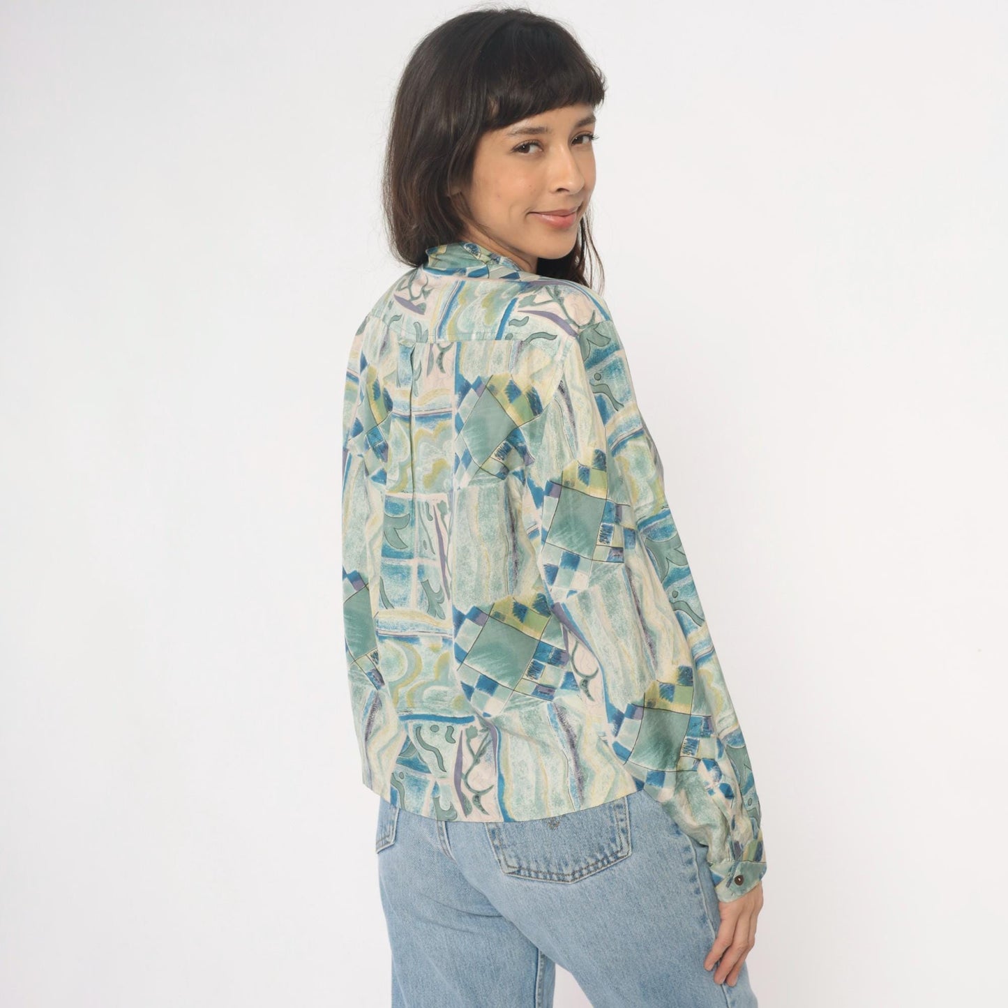 90s Silk Blouse Abstract Geometric Print Blue Green Cream Button Front Medium M