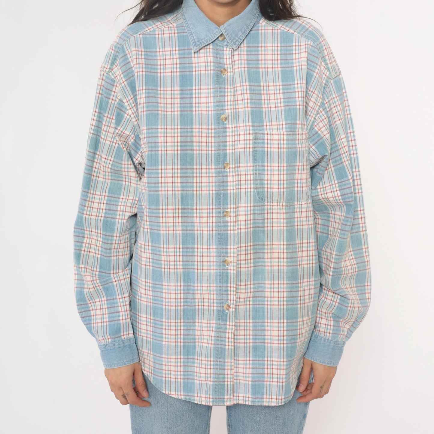 90s Paris Sport Club Plaid Button Down Shirt Denim Collar Cotton Large L