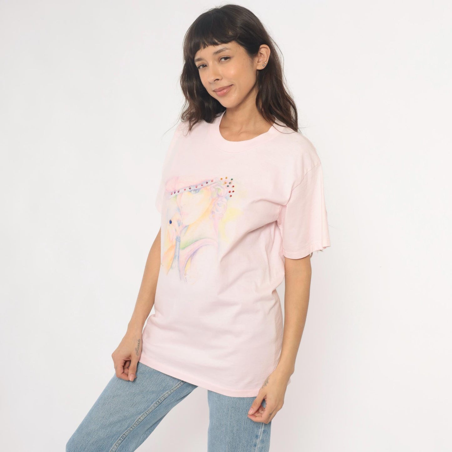 90s Oneita Pink Rhinestone Hat Lady Graphic Tee Large L