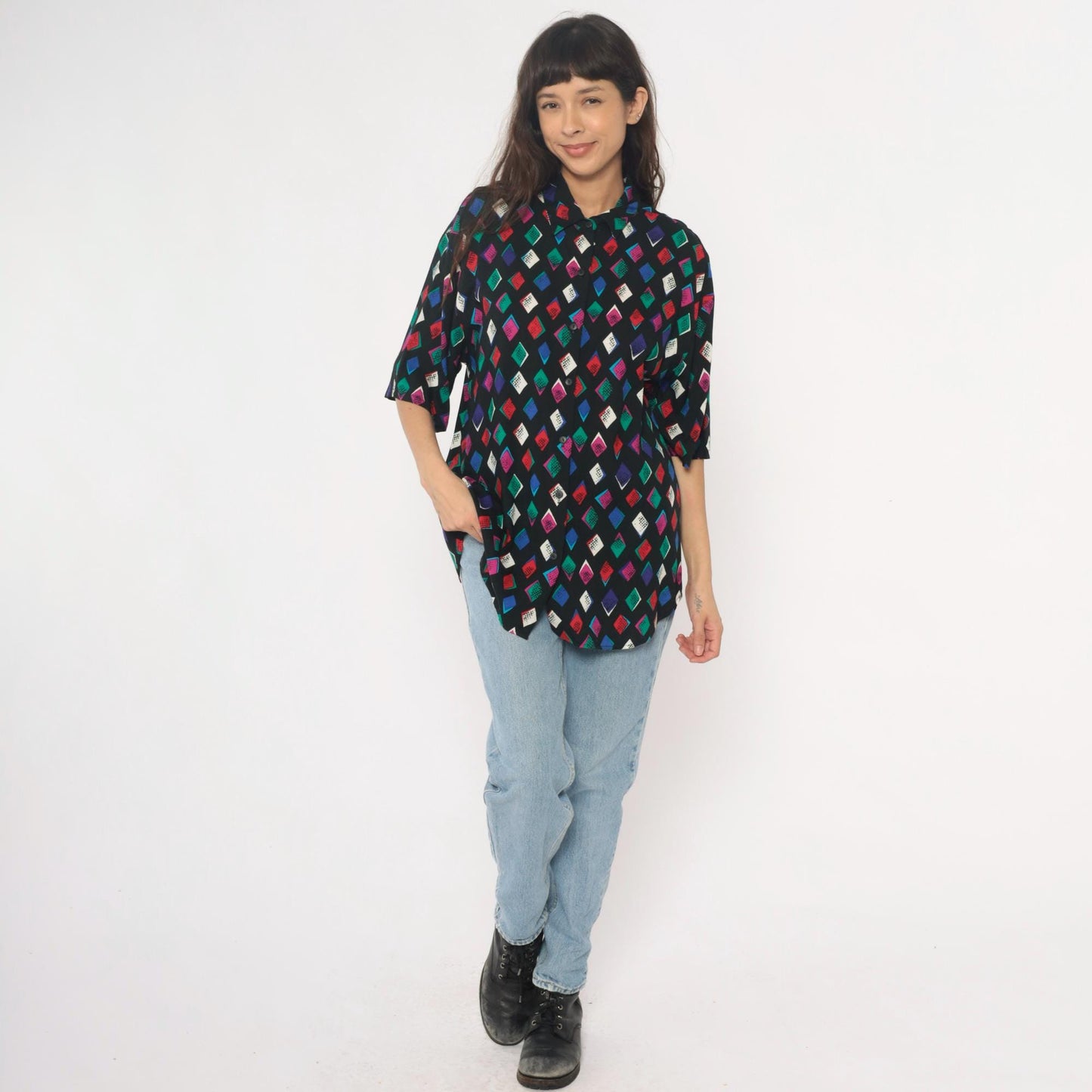 90s Black Harlequin Diamond Rayon Shirt Multicolor Button-Front Medium