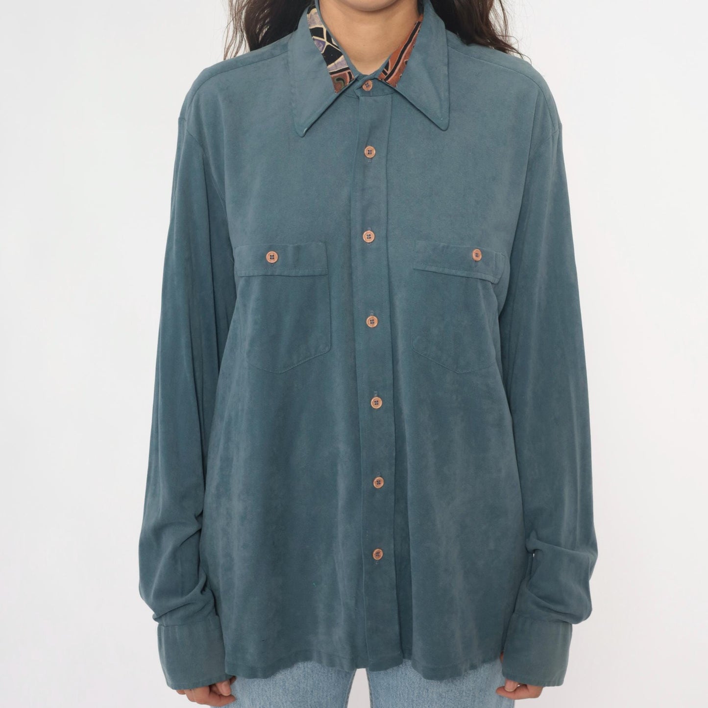 70s Macys California Blue-Teal Safari Shirt Pointed Collar Chest Pockets Large