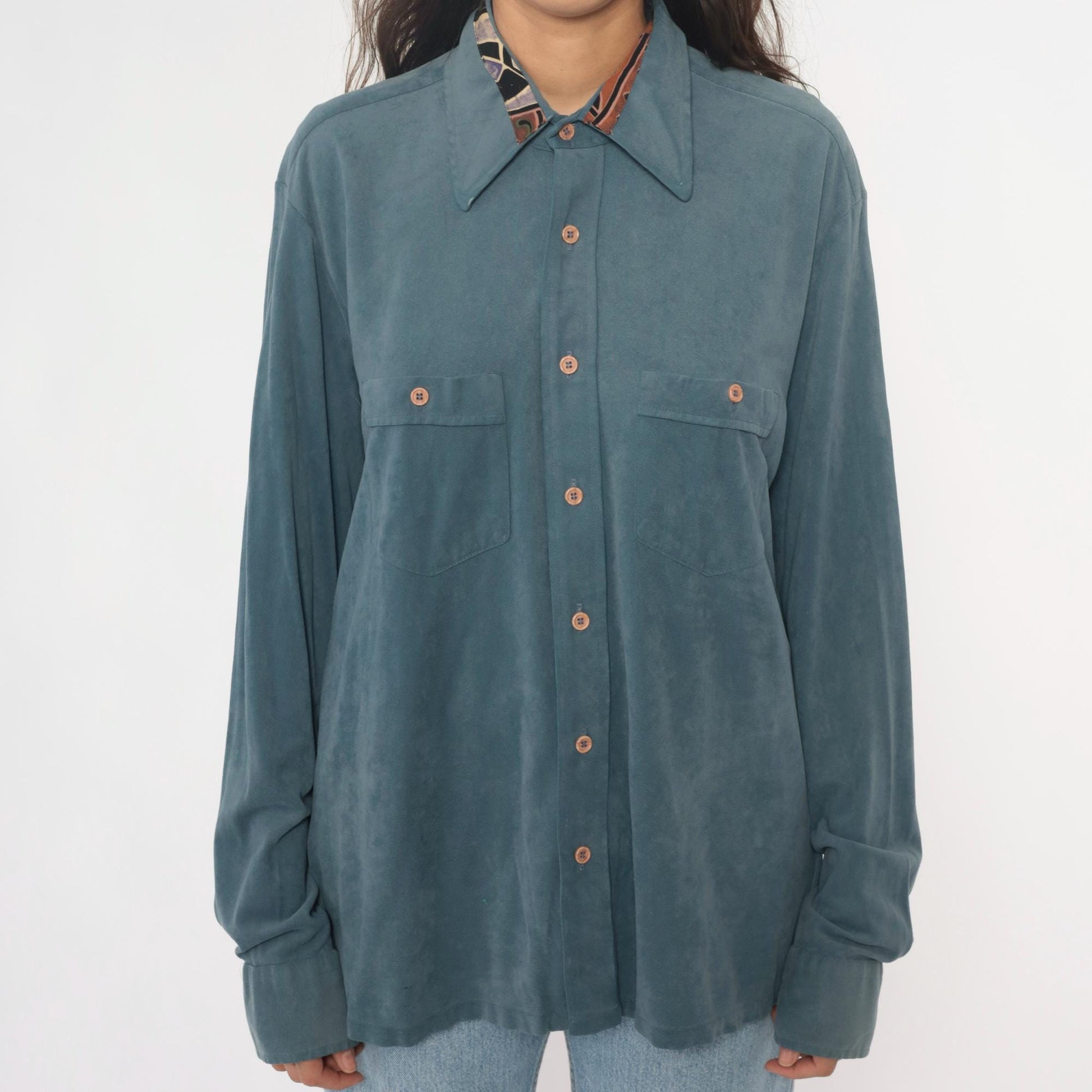 70s Macys California Blue-Teal Safari Shirt Pointed Collar Chest Pockets Large