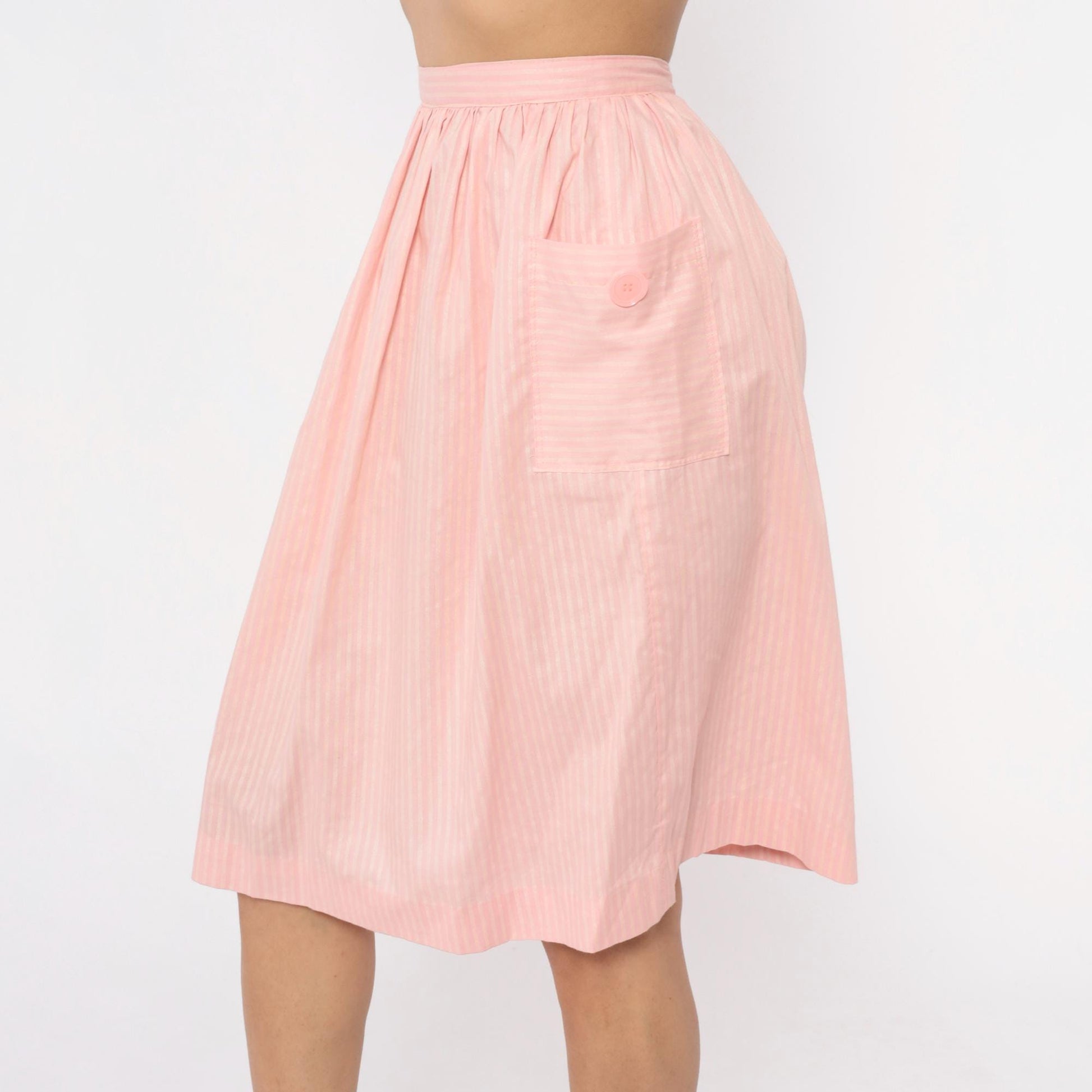 60s Pink Striped Cotton Skirt High Waist Pleated Knee Length Extra Small XS