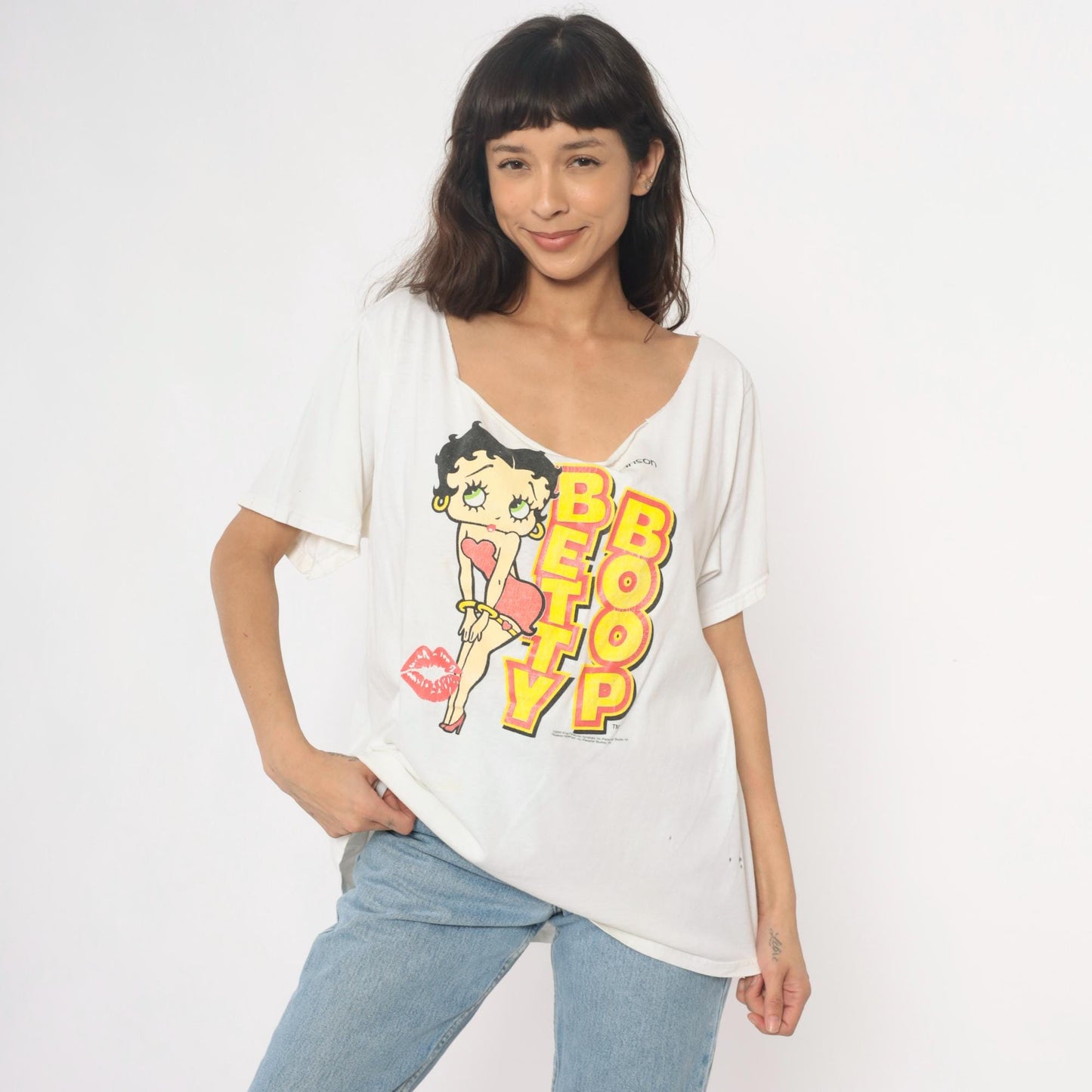 Y2K Betty Boop Graphic Tee White Cotton Off-Shoulder Distressed Extra Large