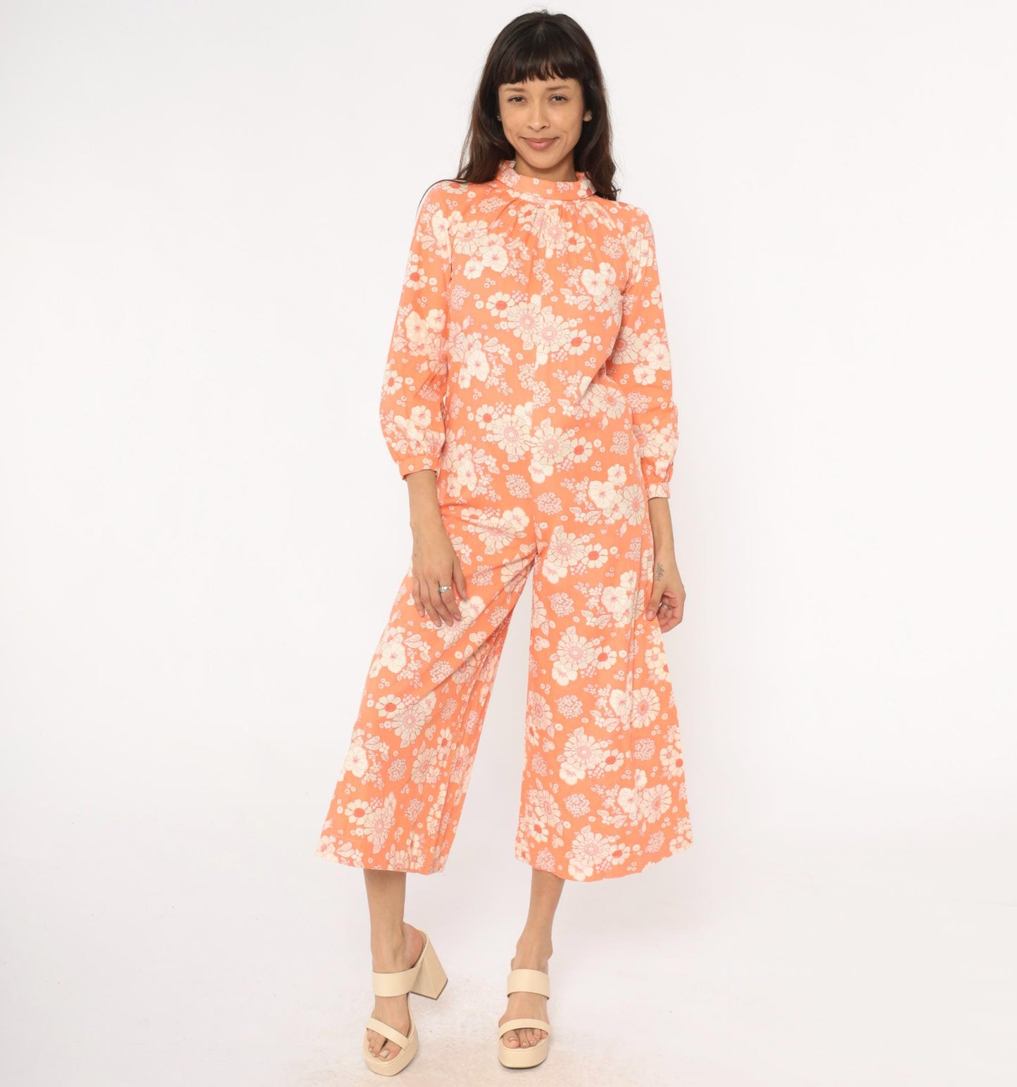 70s Orange Floral Jumpsuit Mock Neck Wide Leg Cream White Cotton Small