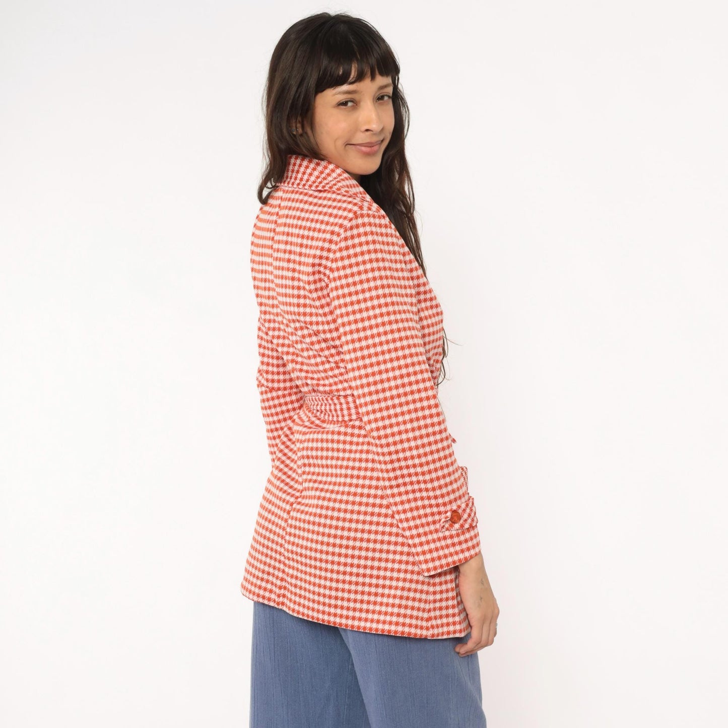 70s Houndstooth Wrap Jacket Red White Checkered Collared Blazer Medium