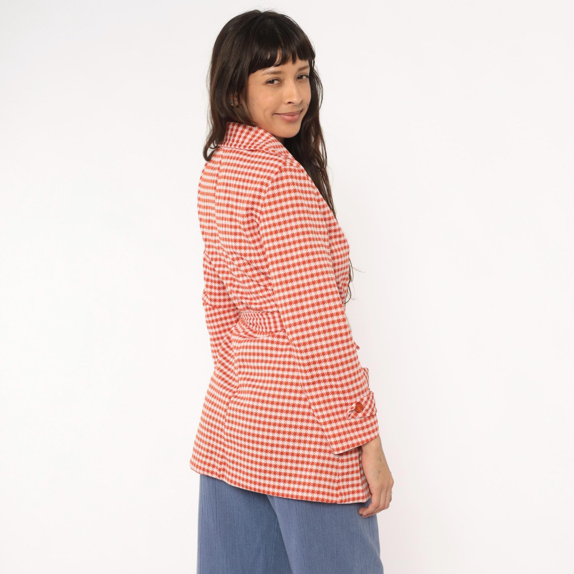 70s Houndstooth Wrap Jacket Red White Checkered Collared Blazer Medium