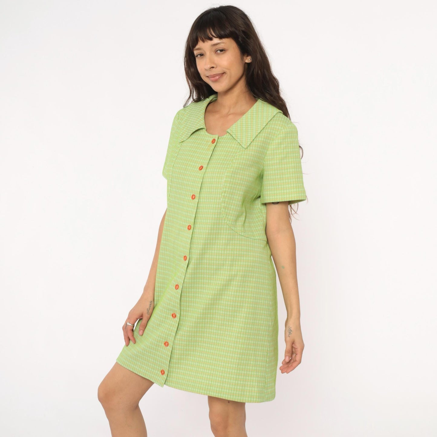 70s Green Yellow Checkered Mini Shift Dress Pointed Collar Short Sleeve Large L