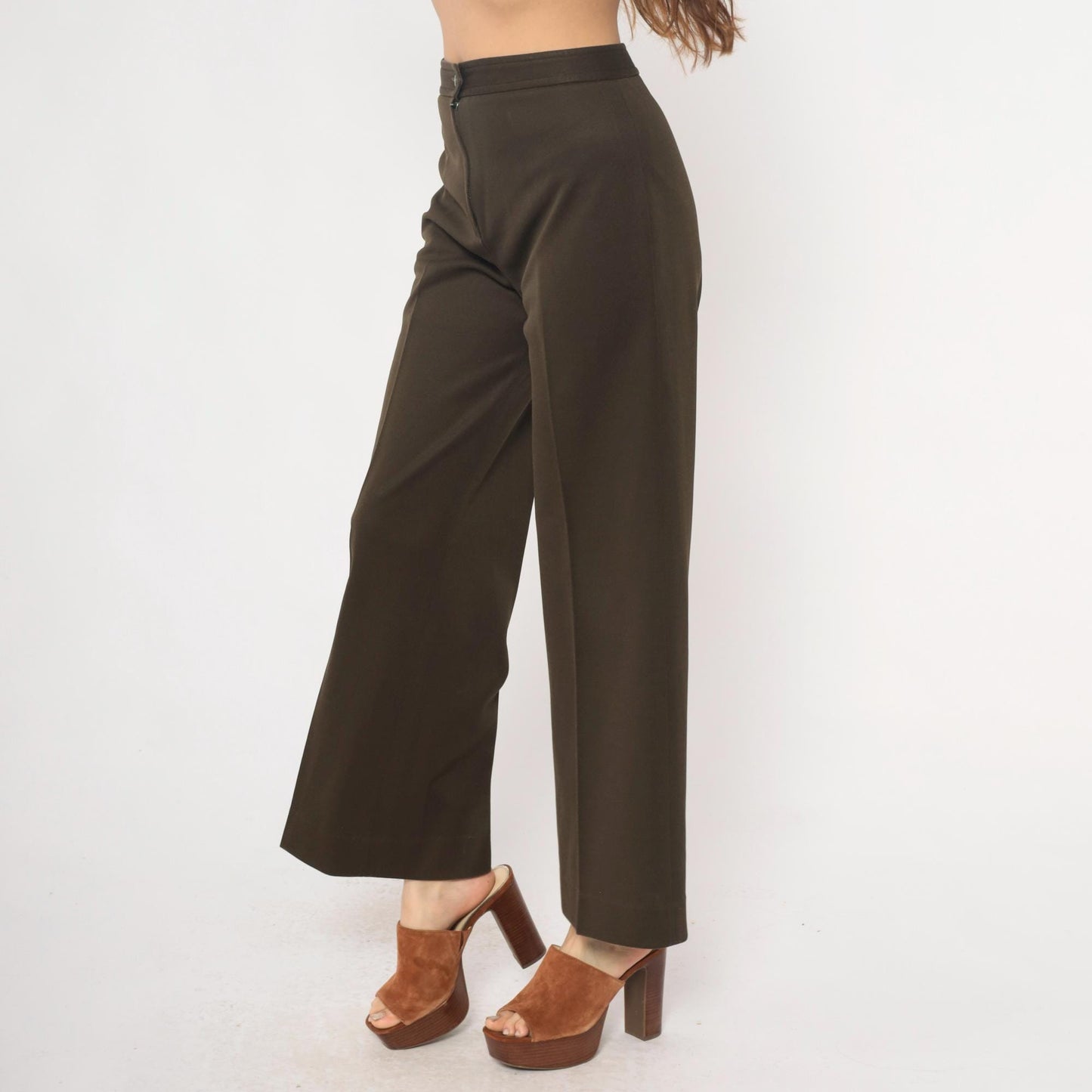 70s High Waisted Brown Straight Leg Trousers Flat Front Medium