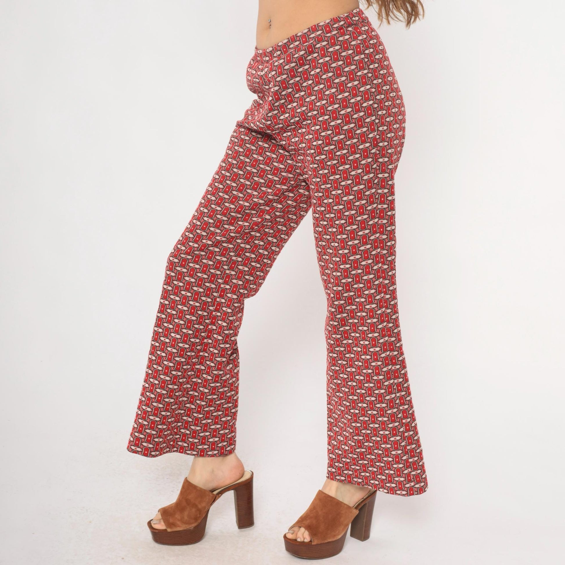 70s Red Lion Geometric Chain Print Straight Leg Trousers Burgundy Medium M
