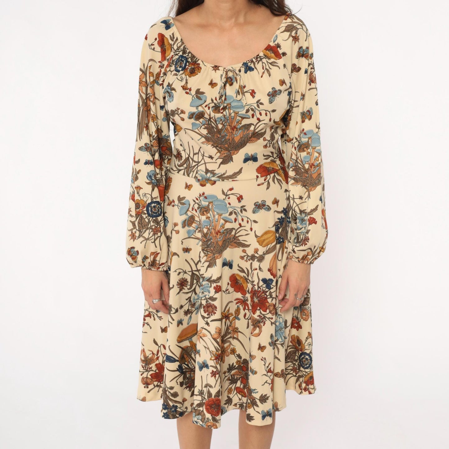 70s Mushroom Butterfly Floral Dress Cream Drawstring Peasant Small