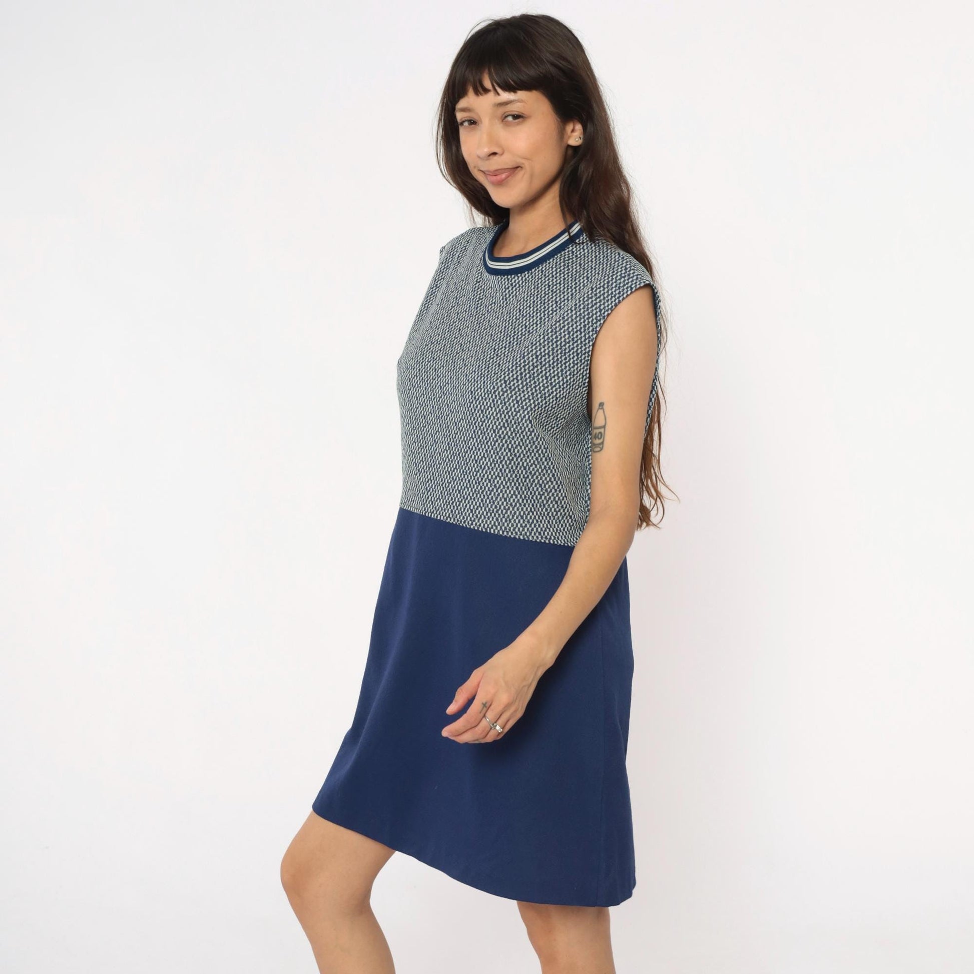 70s JC Penney Geometric Navy White Sleeveless Shift Dress Extra Large XL