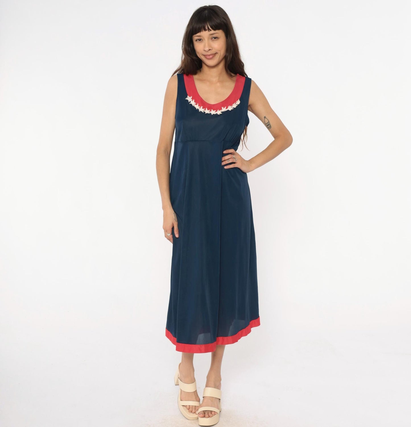 70s Navy Maxi Dress Stars Embroidered Red Trim Empire Waist Medium
