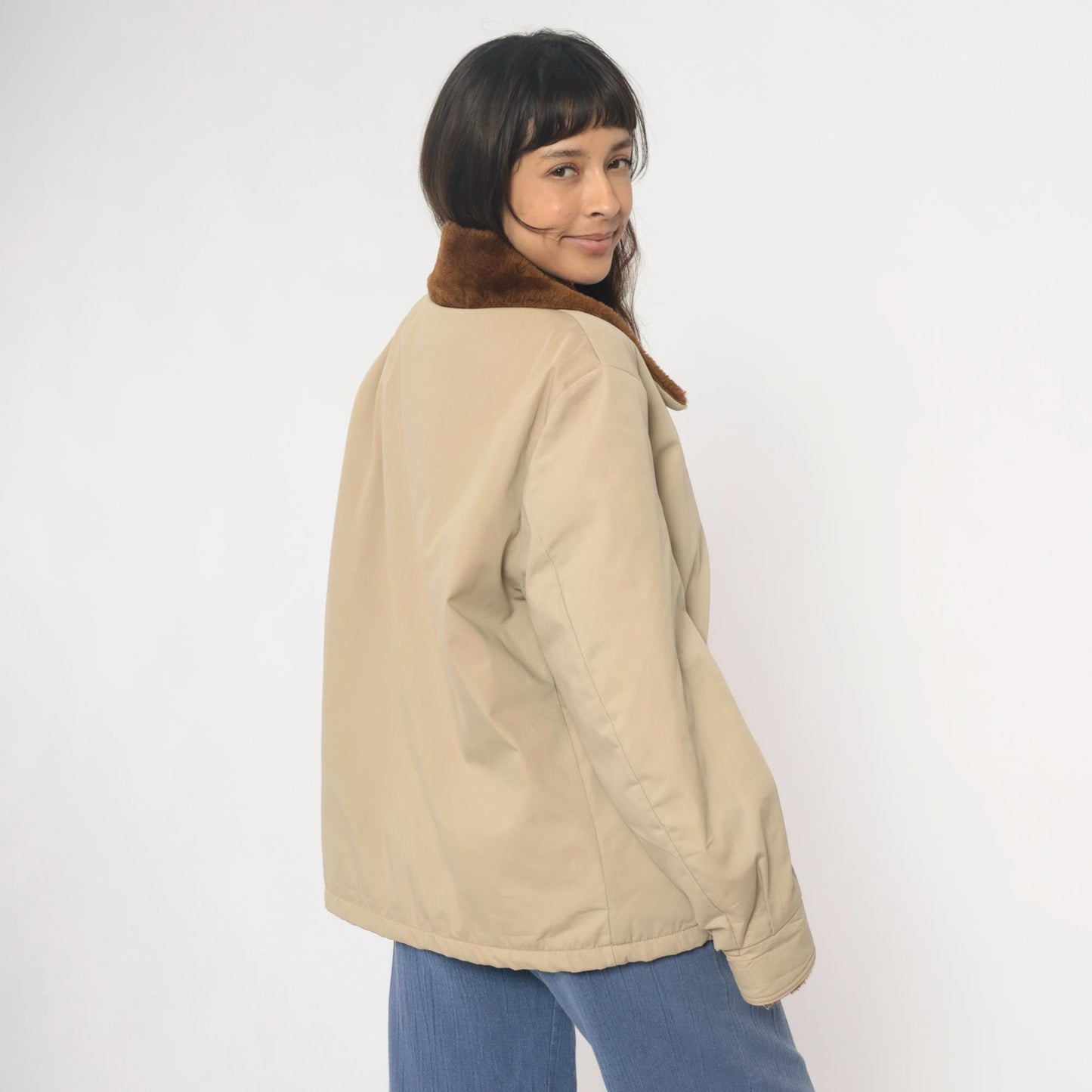 80s Weathercastle Bomber Jacket Beige Faux Fur Collar Lined Large
