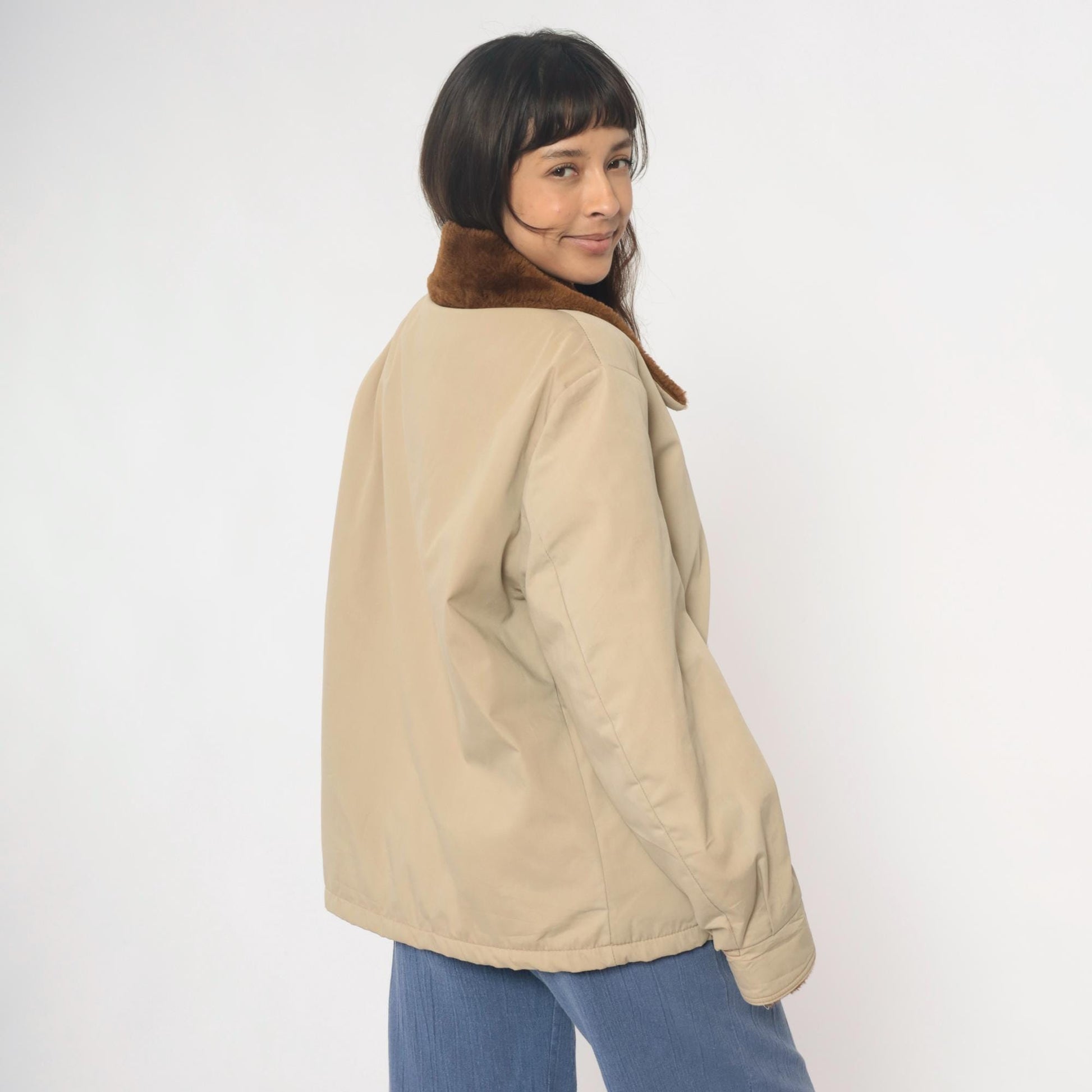 80s Weathercastle Bomber Jacket Beige Faux Fur Collar Lined Large