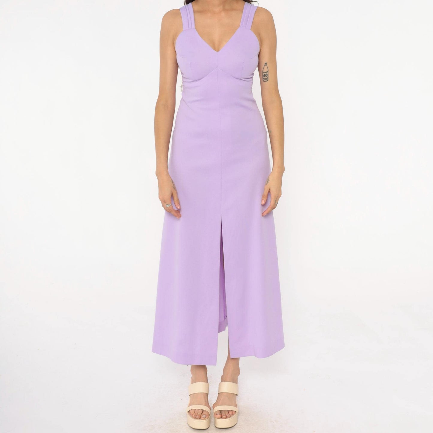70s Lavender Maxi Dress Empire Waist Front Slit V-Neck Extra Small XS