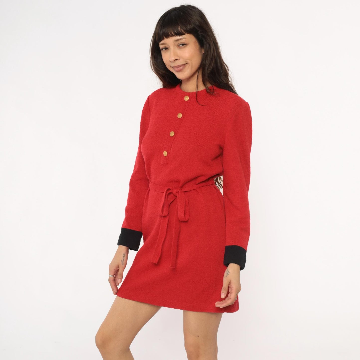 80s Castleberry Red Sweater Dress Gold Buttons Black Cuffs Tie Belt Medium