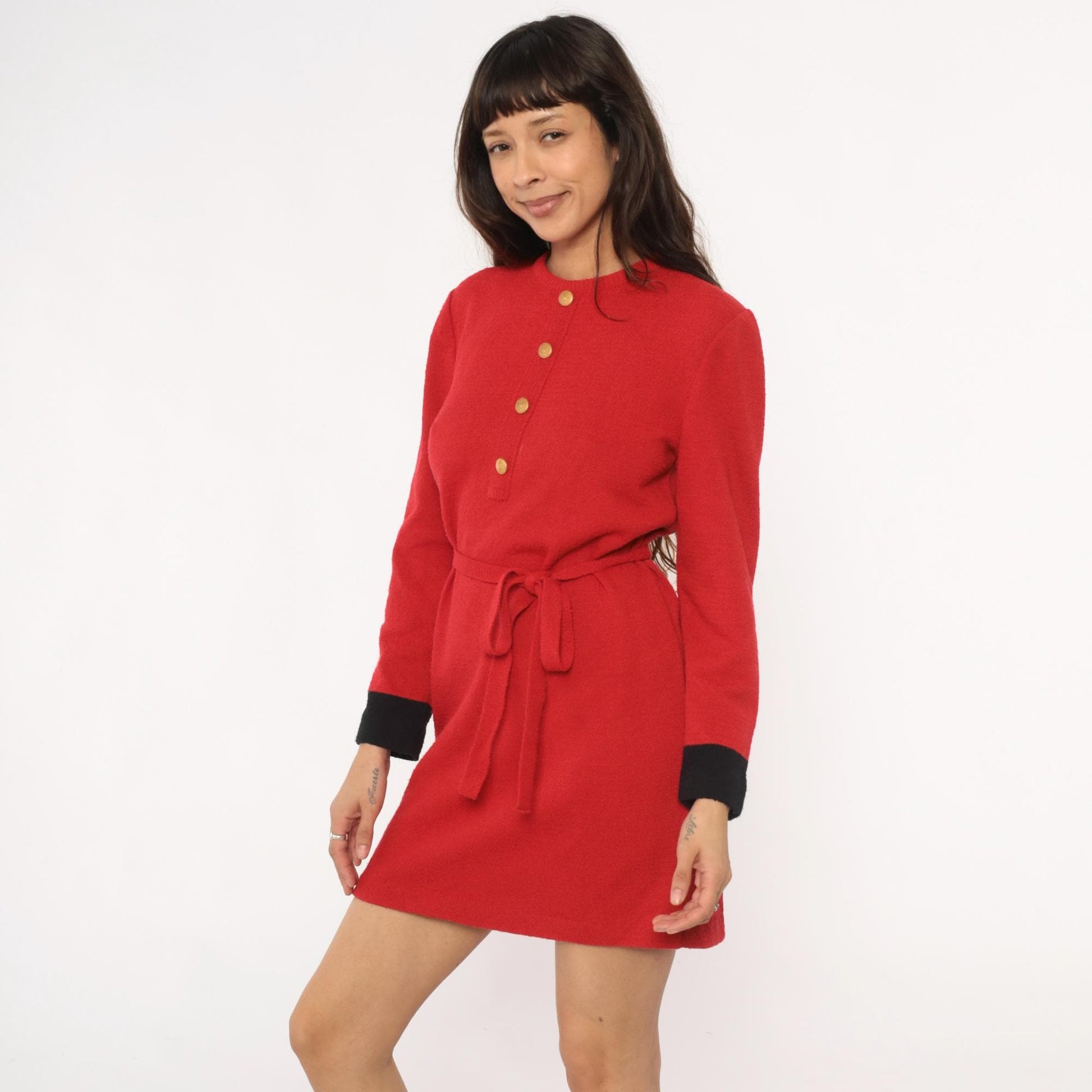 80s Castleberry Red Sweater Dress Gold Buttons Black Cuffs Tie Belt Medium