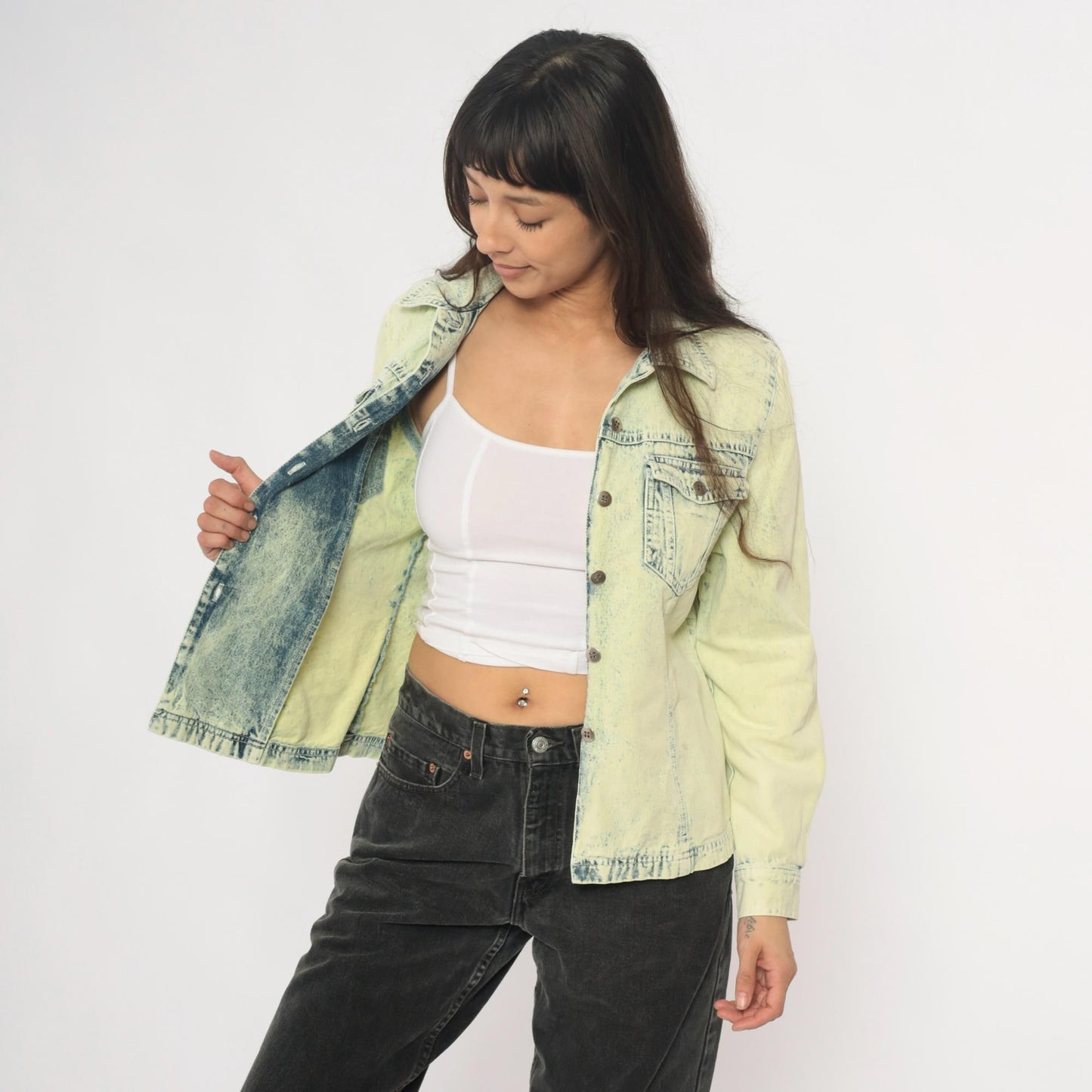 90s Get Together Acid Wash Denim Shirt Yellow Cotton Small