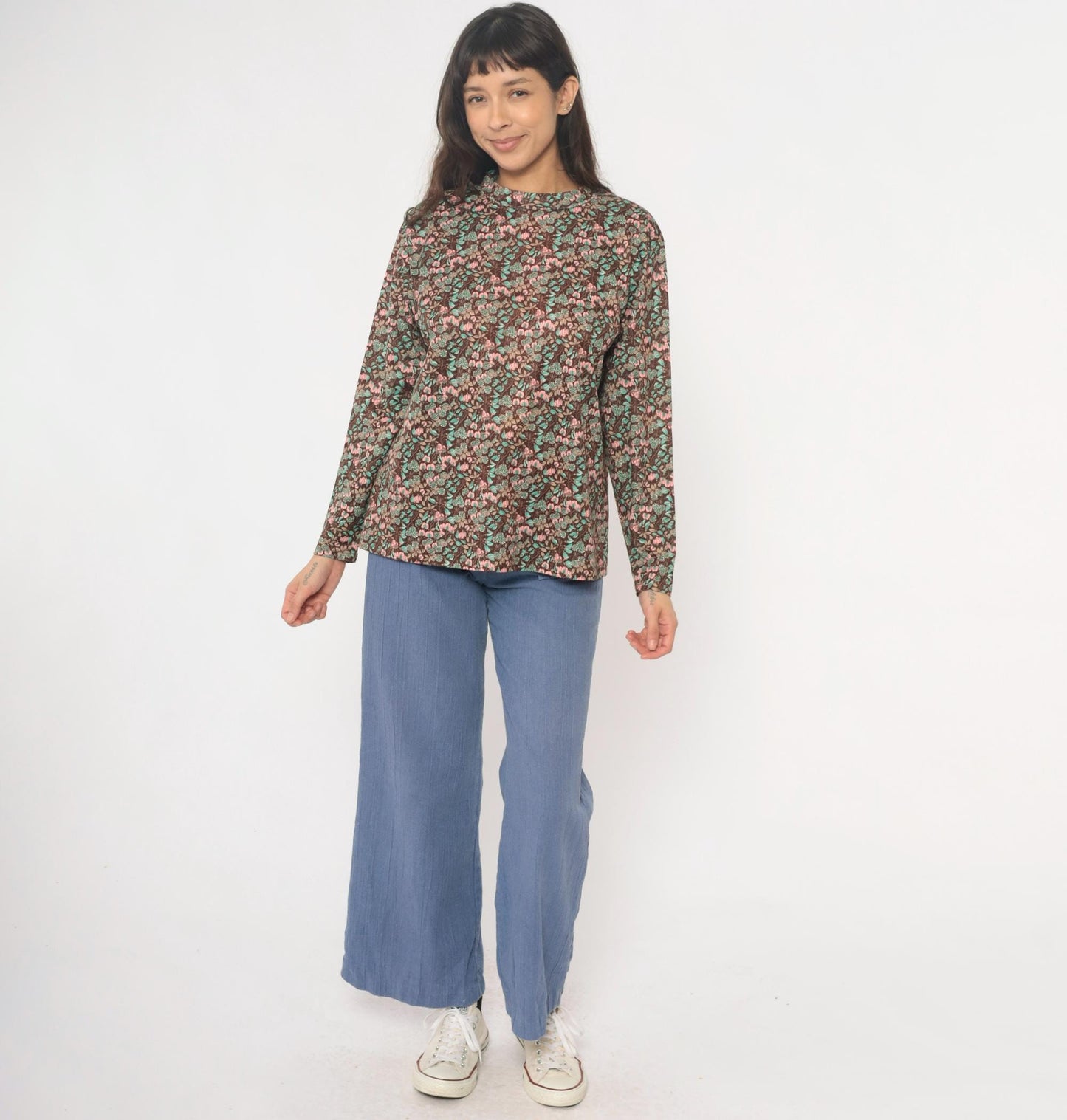 70s Floral Pullover Blouse Brown Pink Mint Crew Neck Long Sleeve Medium