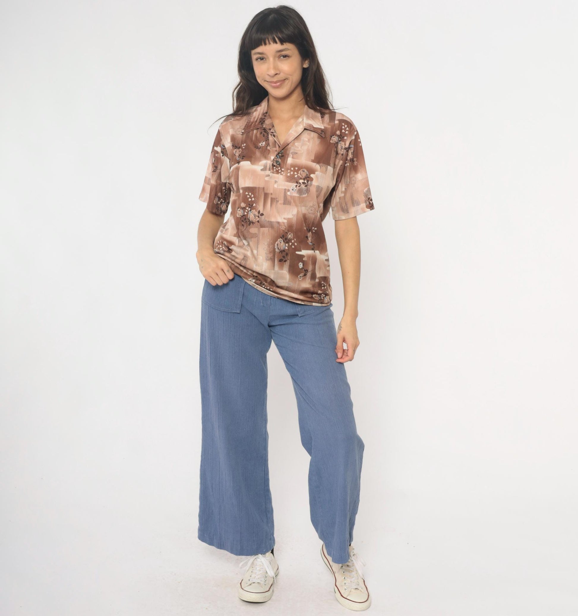 70s Stuart Mann Floral Button-Up Blouse Brown Tan Roses Geometric Medium M