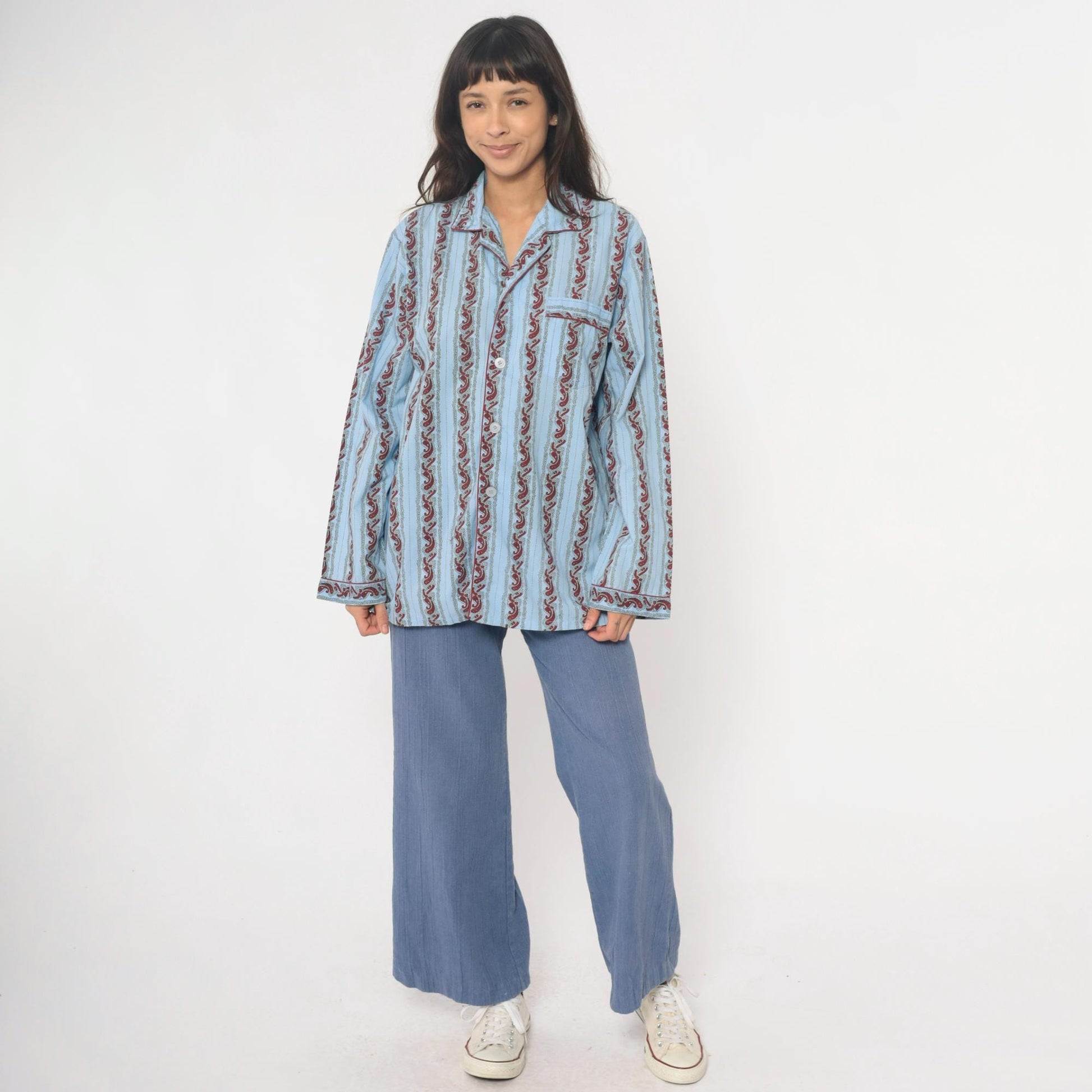 90s Paisley Stripe Pajama Shirt Light Blue Burgundy Cotton Notched Collar Large