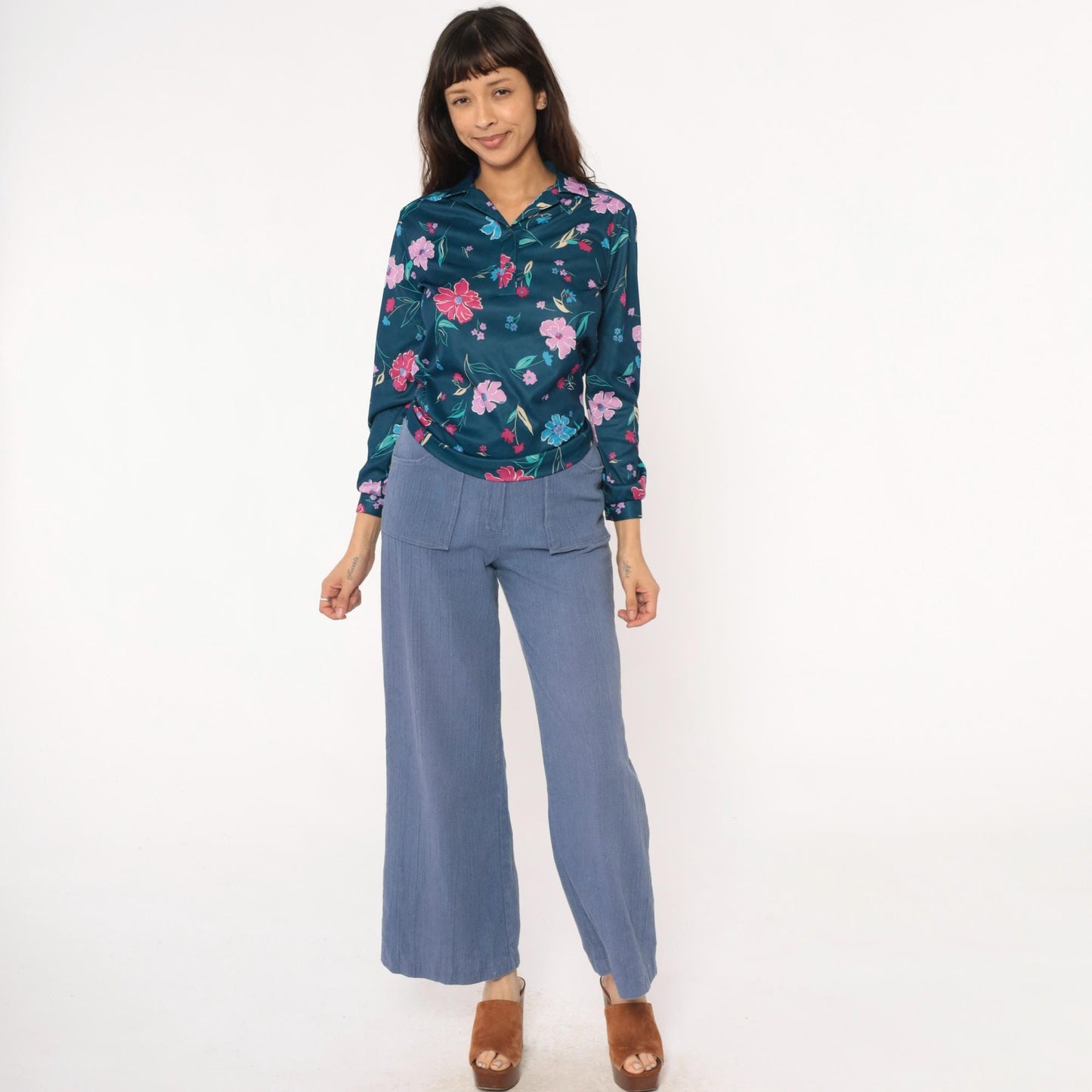 80s Teal Floral Blouse Navy Pink Purple Flowers Long Sleeve Button Up Medium