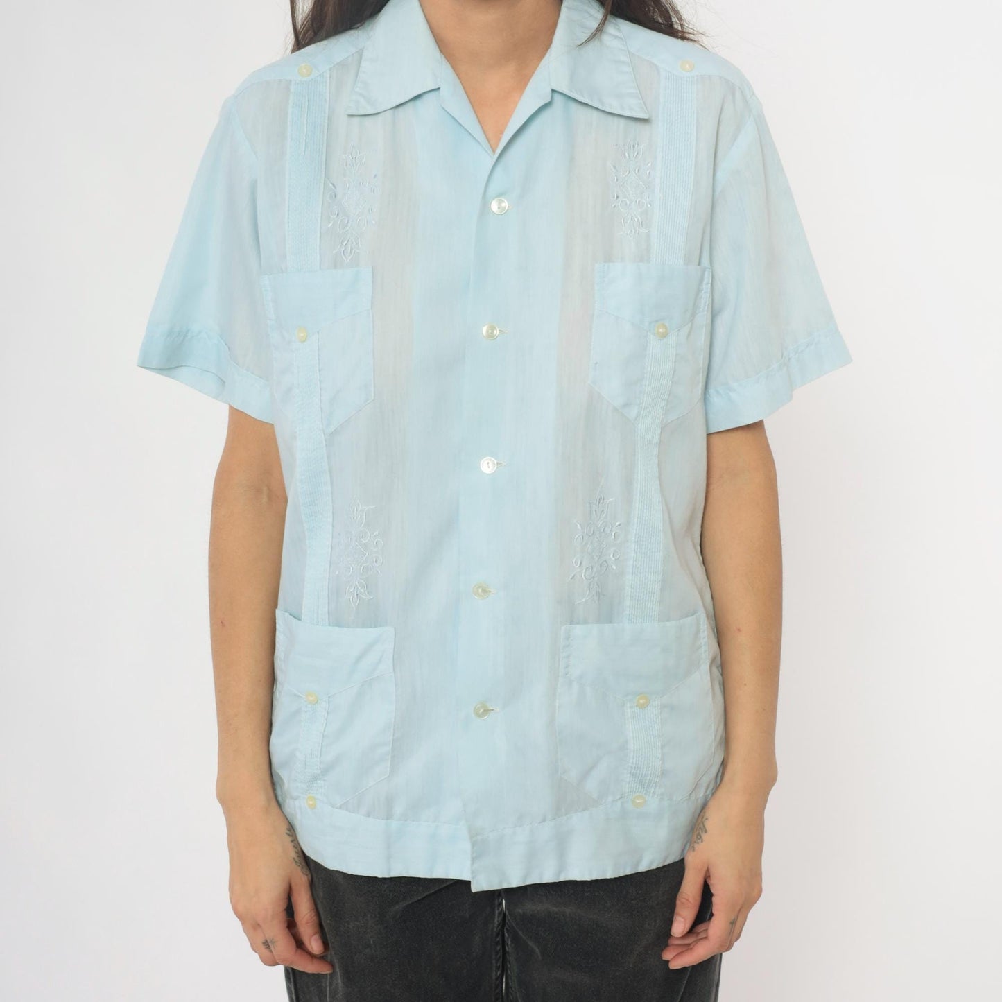 80s Light Blue Mexican Embroidered Pintuck Camp Collar Shirt Large L