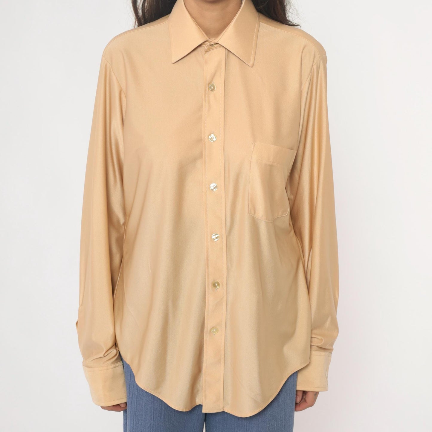 70s Arrow Kent Cream Nylon Button-Up Blouse Pointed Collar Long Sleeve Large