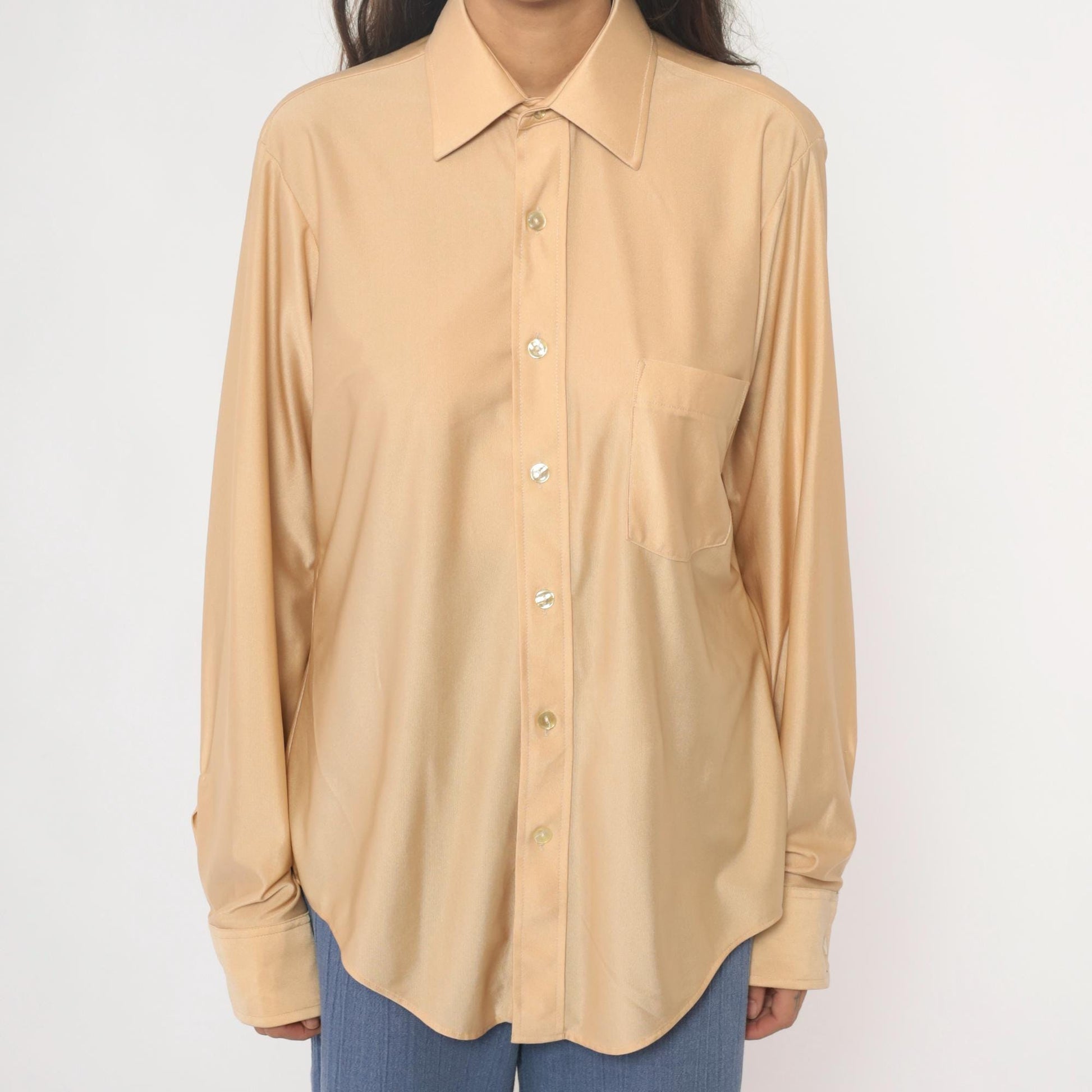 70s Arrow Kent Cream Nylon Button-Up Blouse Pointed Collar Long Sleeve Large