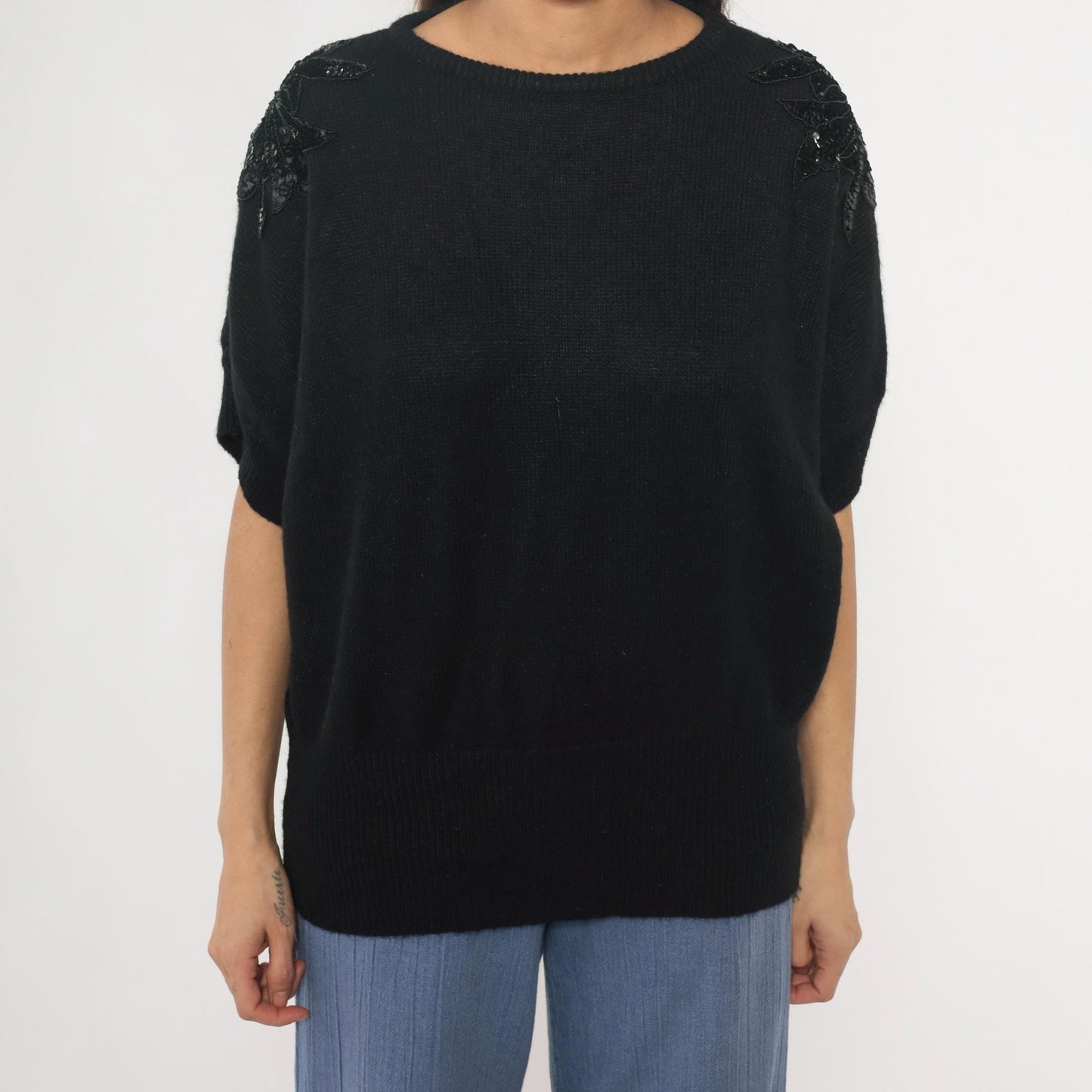 90s Justin B Jones Black Sequin Shoulder Knit Sweater Medium M