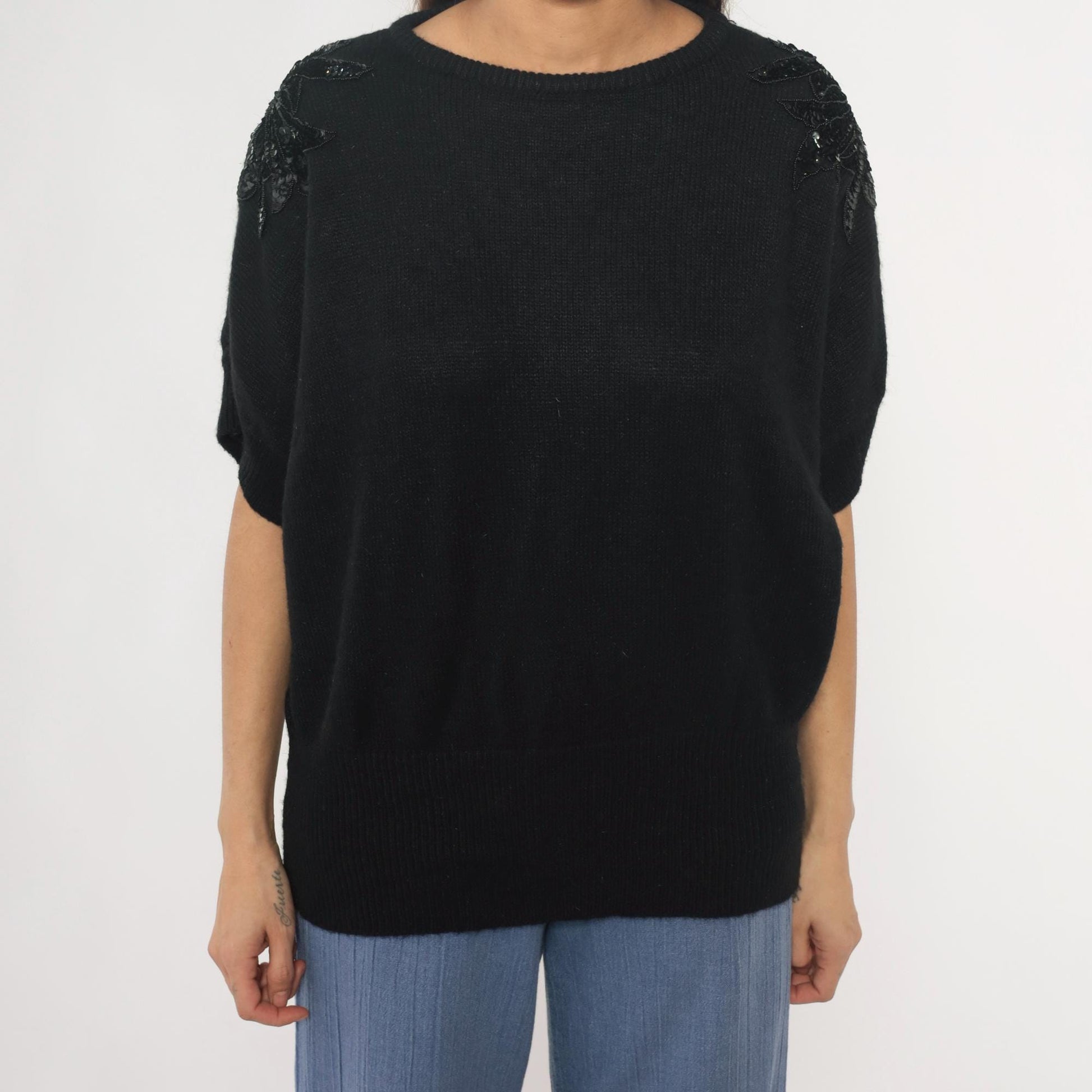 90s Justin B Jones Black Sequin Shoulder Knit Sweater Medium M