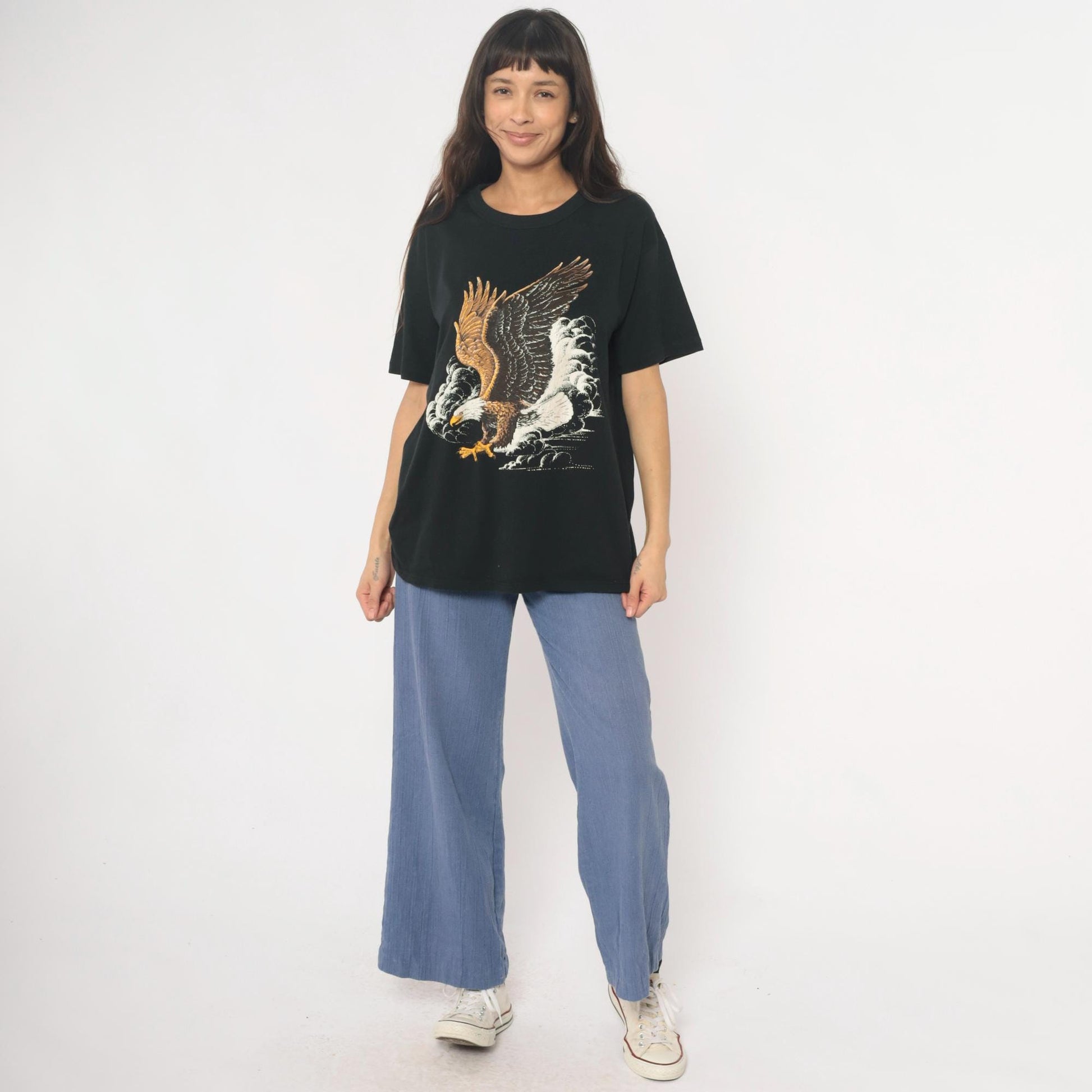 90s Bald Eagle Graphic T-Shirt Black Cotton Tee Large L