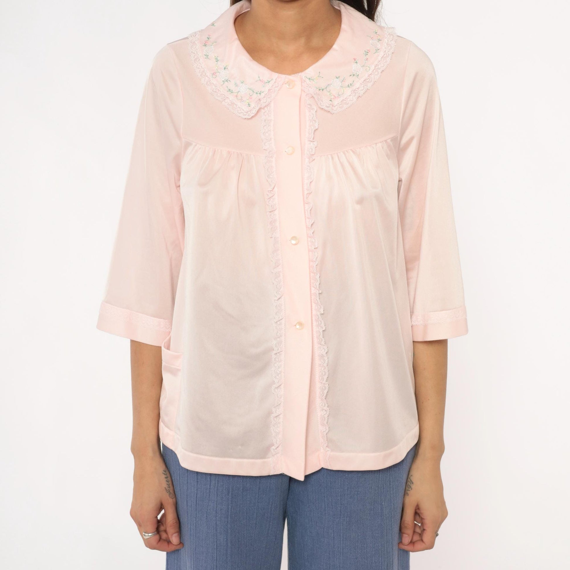 80s Shadowline Nylon Blouse Peter Pan Collar Embroidered Floral Pink Small