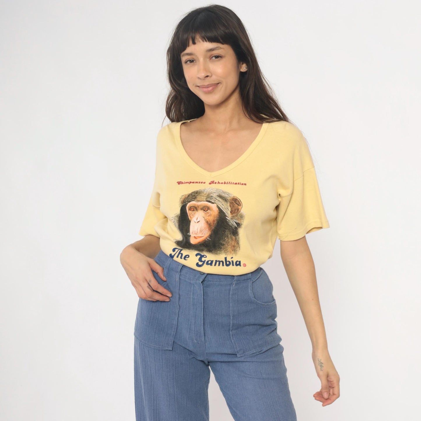 80s Chimpanzee Rehabilitation The Gambia Yellow Cotton V-Neck Tee Large L