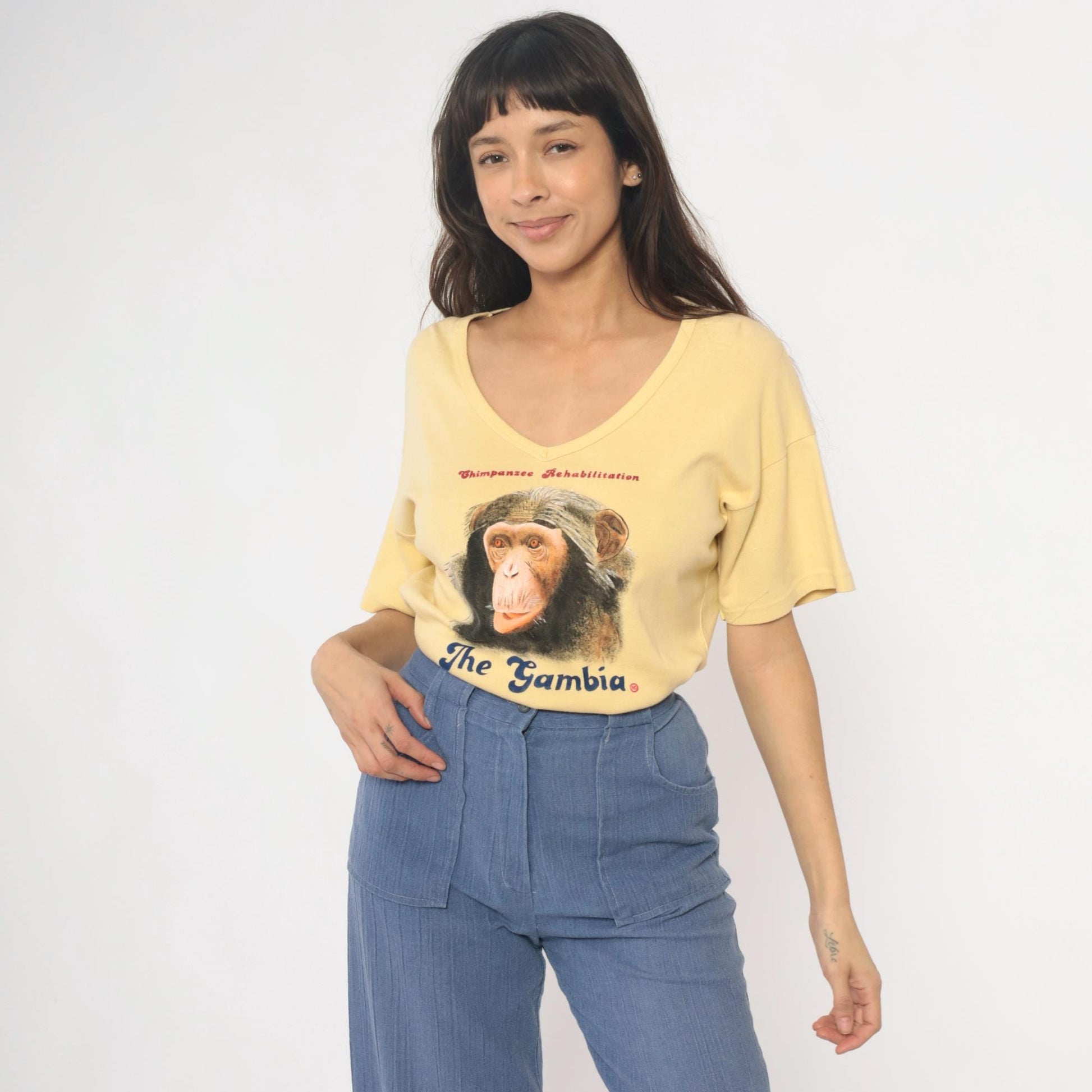 80s Chimpanzee Rehabilitation The Gambia Yellow Cotton V-Neck Tee Large L