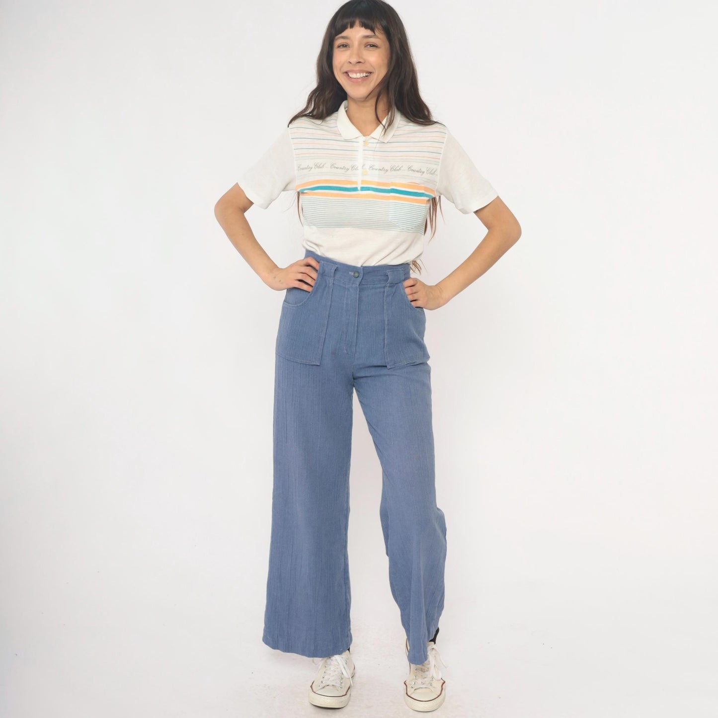 80s Country Club Polo Shirt Striped Cream Teal Peach Small